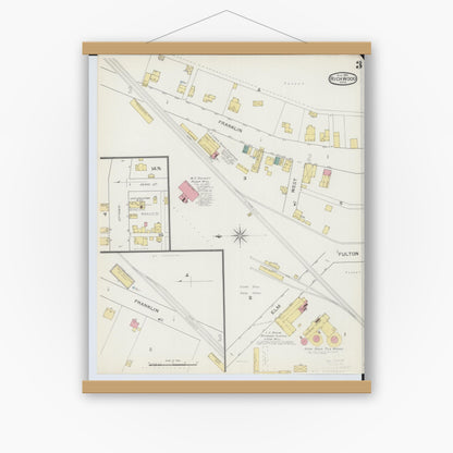 Old map wall art mockup — magnetic wood frame on white wall — Sanborn Fire Insurance Map from Richwood, Union County, Ohio (1893), Sheet #0003