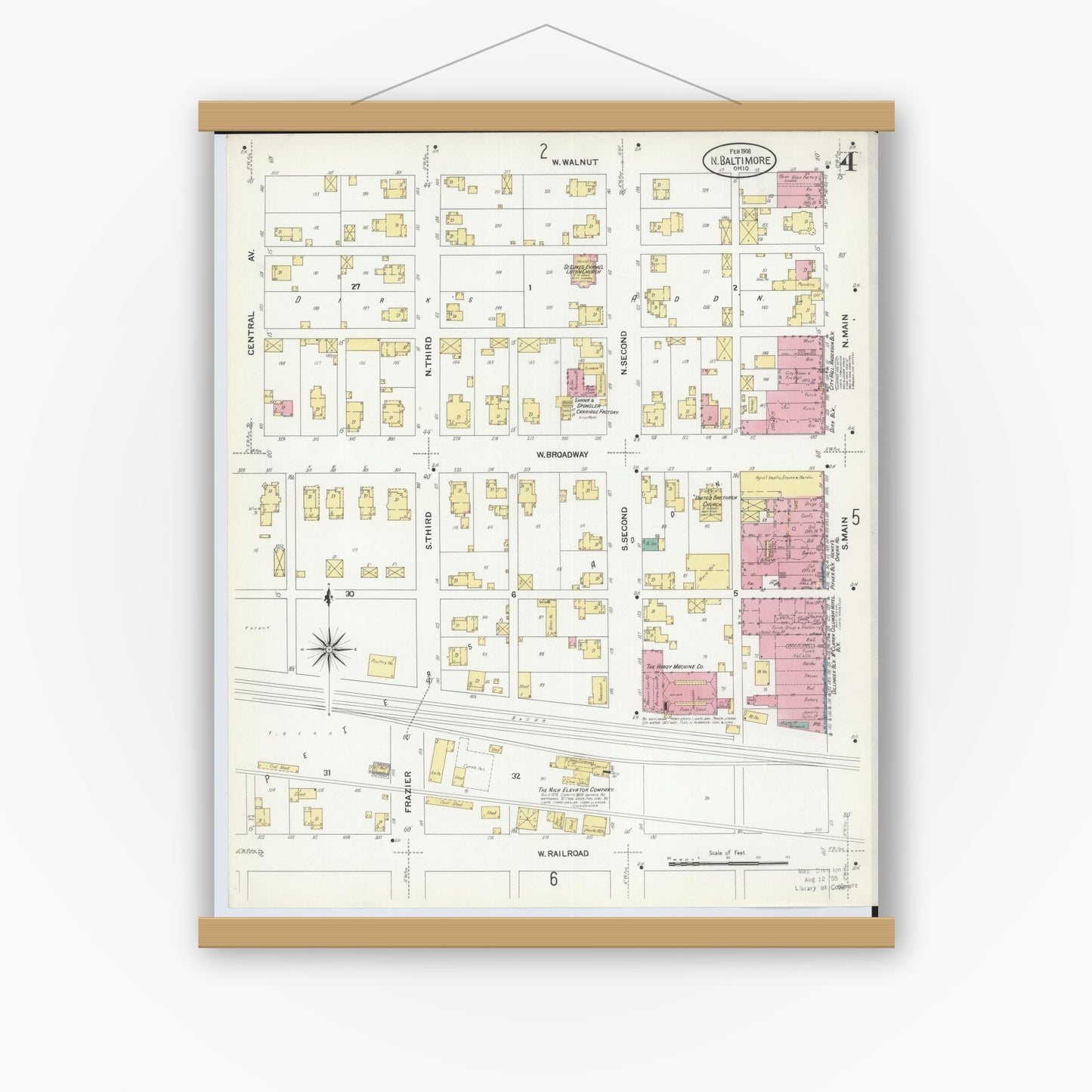 Old map wall art mockup — magnetic wood frame on white wall — Sanborn Fire Insurance Map from North Baltimore, Wood County, Ohio (1908), Sheet #0004
