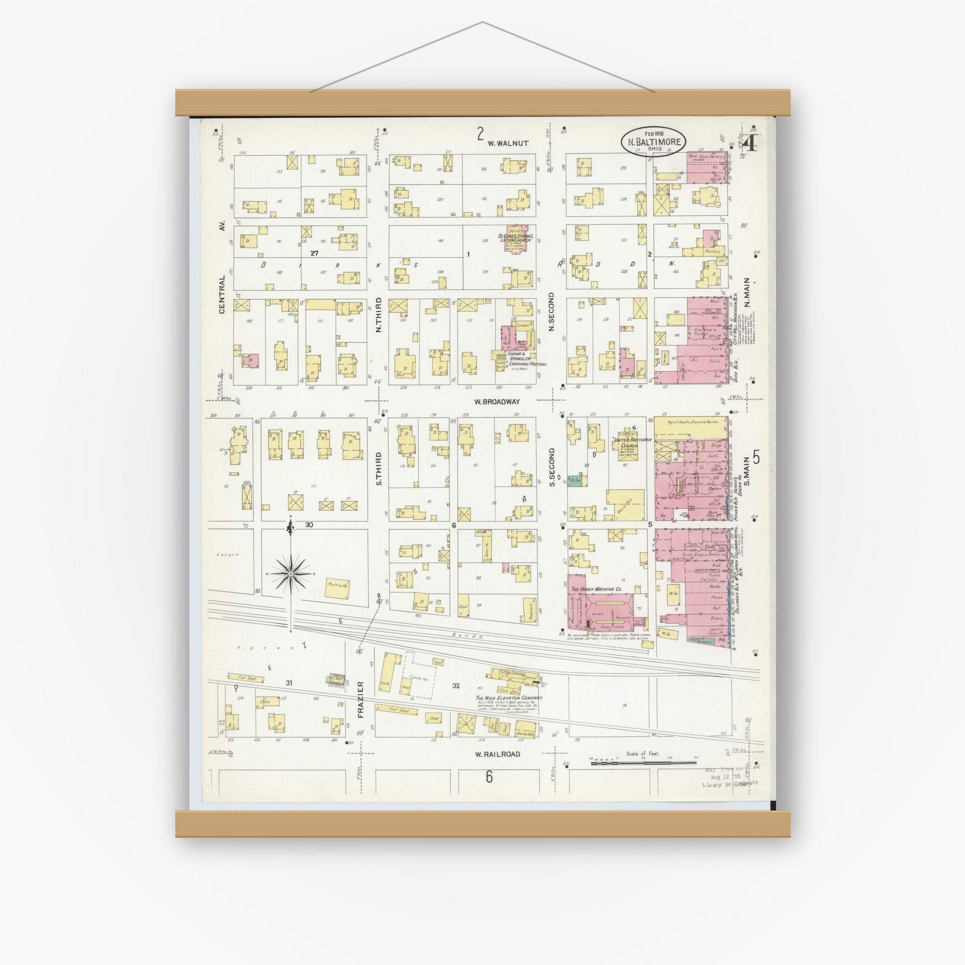 Old map wall art mockup — magnetic wood frame on white wall — Sanborn Fire Insurance Map from North Baltimore, Wood County, Ohio (1908), Sheet #0004