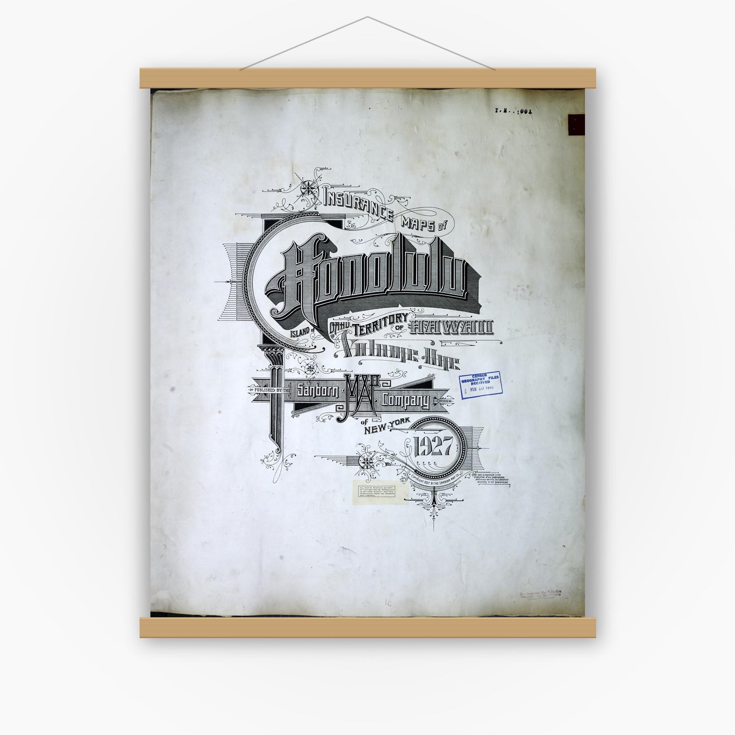 Old map wall art mockup — magnetic wood frame on white wall — Sanborn Fire Insurance Map from Honolulu, Oahu County, Hawaii (1950), Sheet #0001