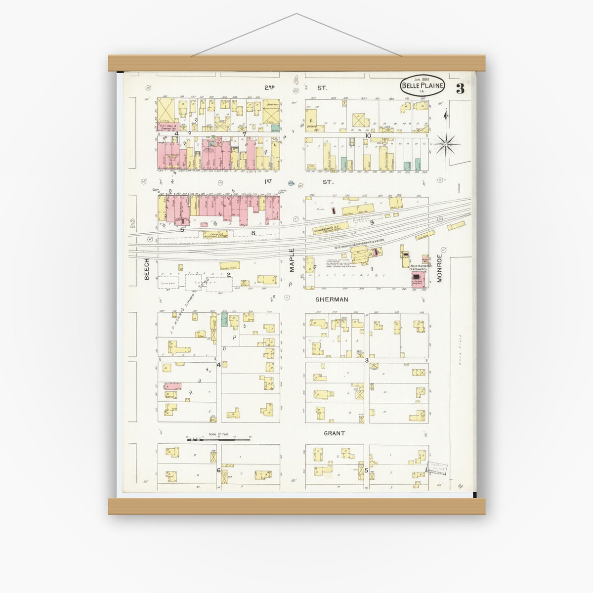 Old map wall art mockup — magnetic wood frame on white wall — Sanborn Fire Insurance Map from Belle Plaine, Benton County, Iowa (1894), Sheet #0003