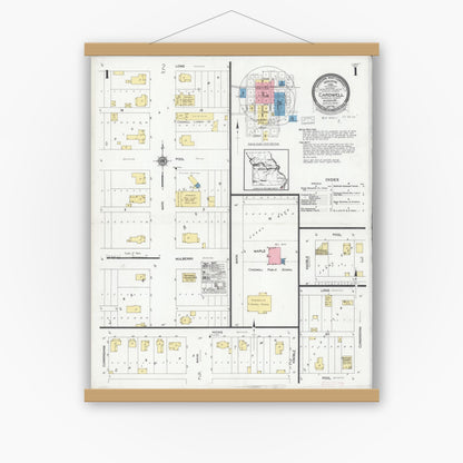 Old map wall art mockup — magnetic wood frame on white wall — Sanborn Fire Insurance Map from Cardwell, Dunklin County, Missouri (1928) - Complete Map Set