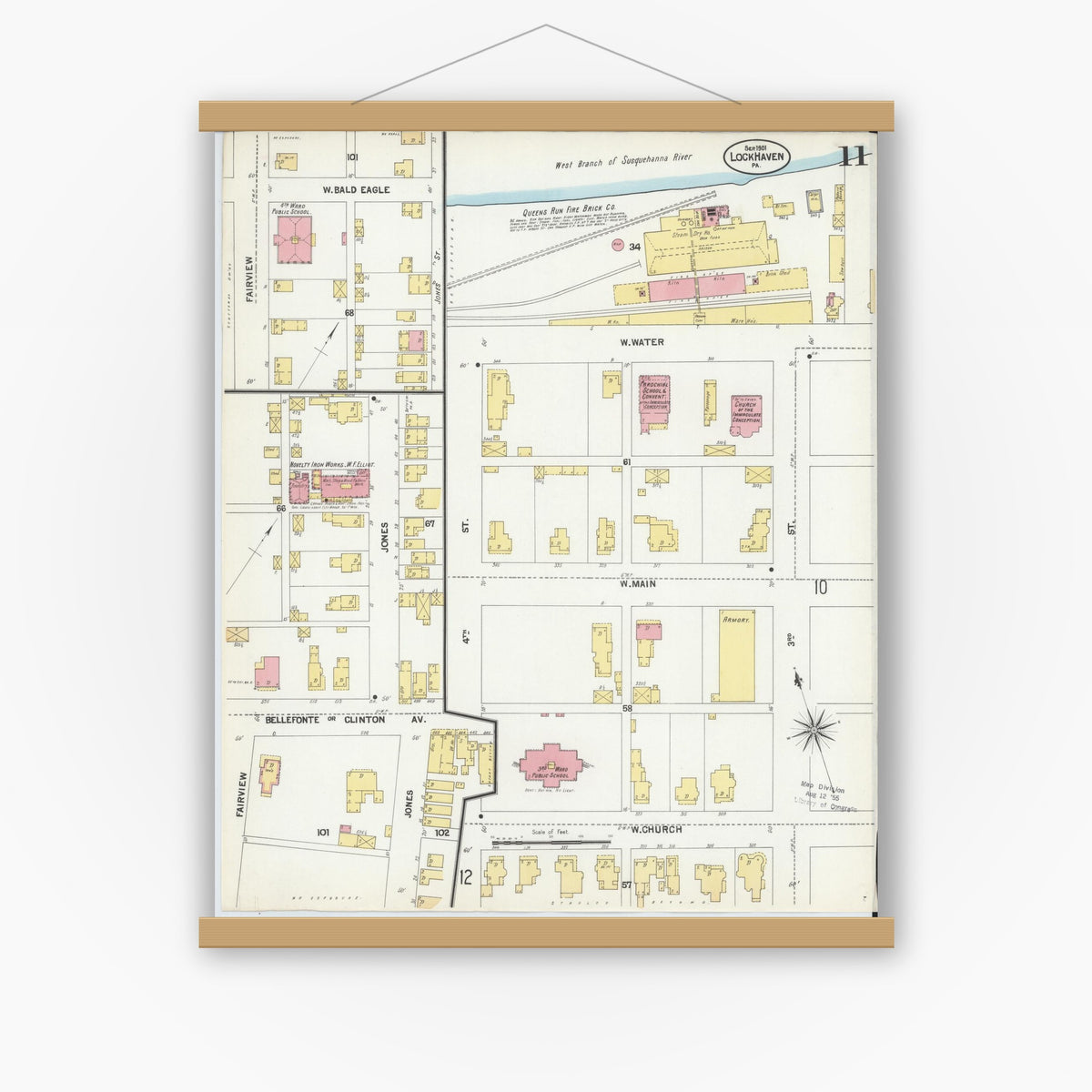 Old map wall art mockup — magnetic wood frame on white wall — Sanborn Fire Insurance Map from Lock Haven, Clinton County, Pennsylvania (1901), Sheet #0011