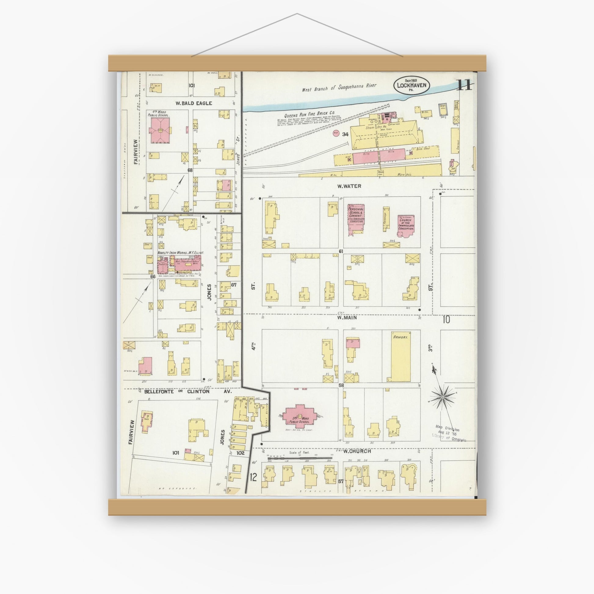 Old map wall art mockup — magnetic wood frame on white wall — Sanborn Fire Insurance Map from Lock Haven, Clinton County, Pennsylvania (1901), Sheet #0011