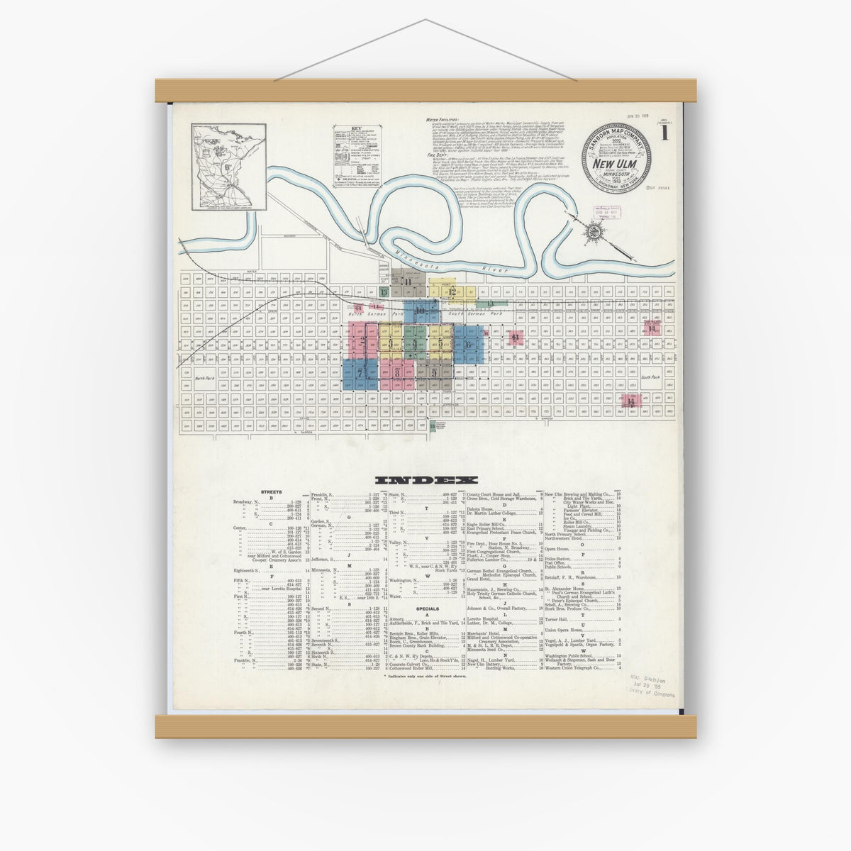 Old map wall art mockup — magnetic wood frame on white wall — Sanborn Fire Insurance Map from New Ulm, Brown County, Minnesota (1913) - Complete Map Set
