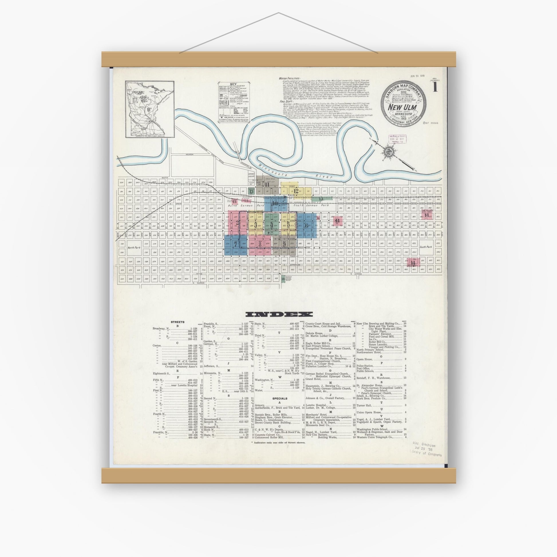 Old map wall art mockup — magnetic wood frame on white wall — Sanborn Fire Insurance Map from New Ulm, Brown County, Minnesota (1913) - Complete Map Set
