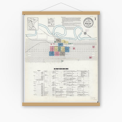 Old map wall art mockup — magnetic wood frame on white wall — Sanborn Fire Insurance Map from New Ulm, Brown County, Minnesota (1913) - Complete Map Set
