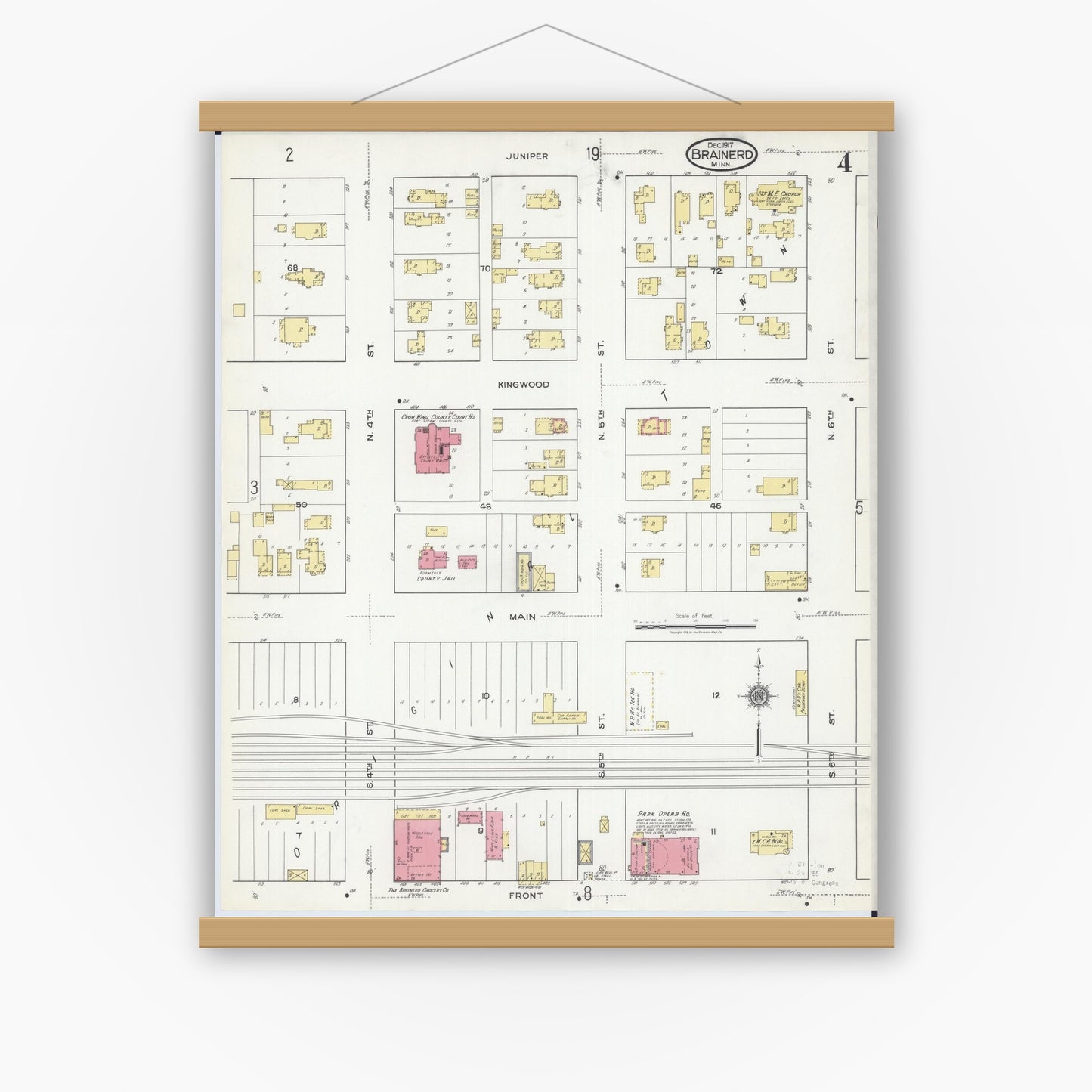 Old map wall art mockup — magnetic wood frame on white wall — Sanborn Fire Insurance Map from Brainerd, Crow Wing County, Minnesota (1917), Sheet #0004