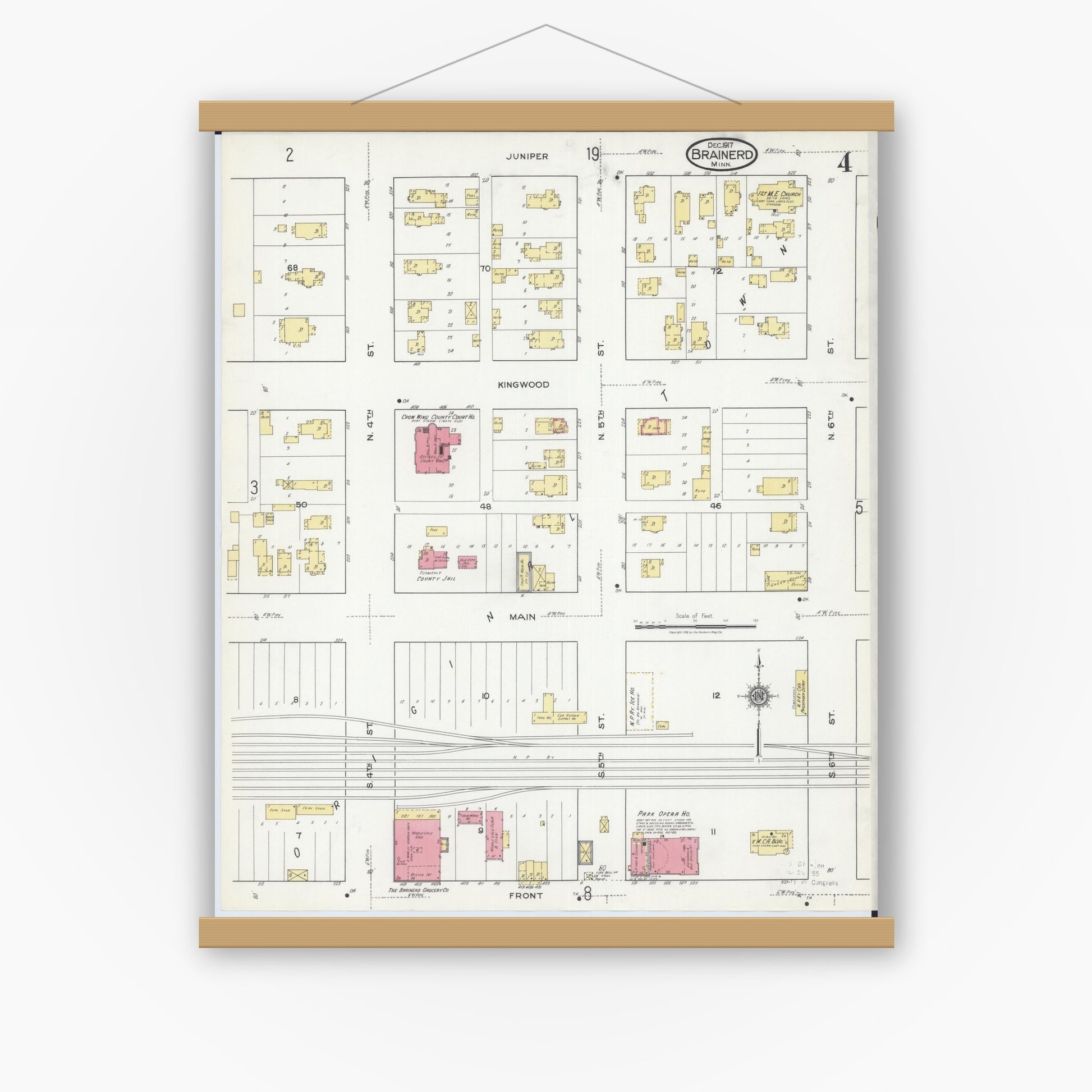 Old map wall art mockup — magnetic wood frame on white wall — Sanborn Fire Insurance Map from Brainerd, Crow Wing County, Minnesota (1917), Sheet #0004