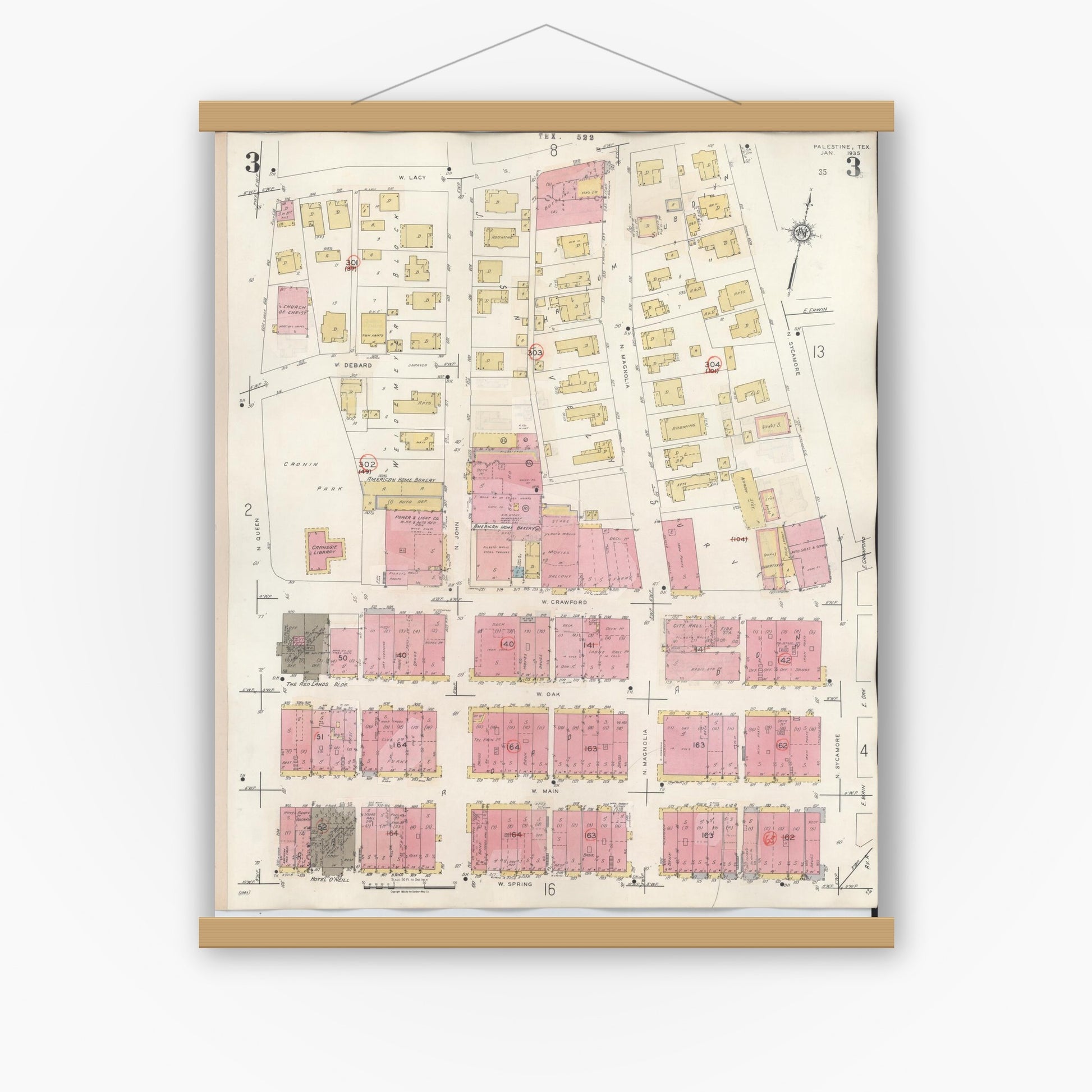 Old map wall art mockup — magnetic wood frame on white wall — Sanborn Fire Insurance Map from Palestine, Anderson County, Texas (1949), Sheet #0003