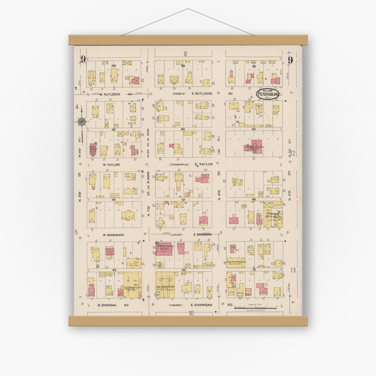 Old map wall art mockup — magnetic wood frame on white wall — Sanborn Fire Insurance Map from Petersburg, Menard County, Illinois (1922), Sheet #0009