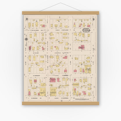 Old map wall art mockup — magnetic wood frame on white wall — Sanborn Fire Insurance Map from Petersburg, Menard County, Illinois (1922), Sheet #0009