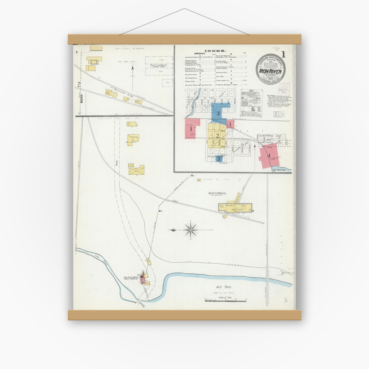 Old map wall art mockup — magnetic wood frame on white wall — Sanborn Fire Insurance Map from Iron River, Bayfield County, Wisconsin (1904) - Complete Map Set
