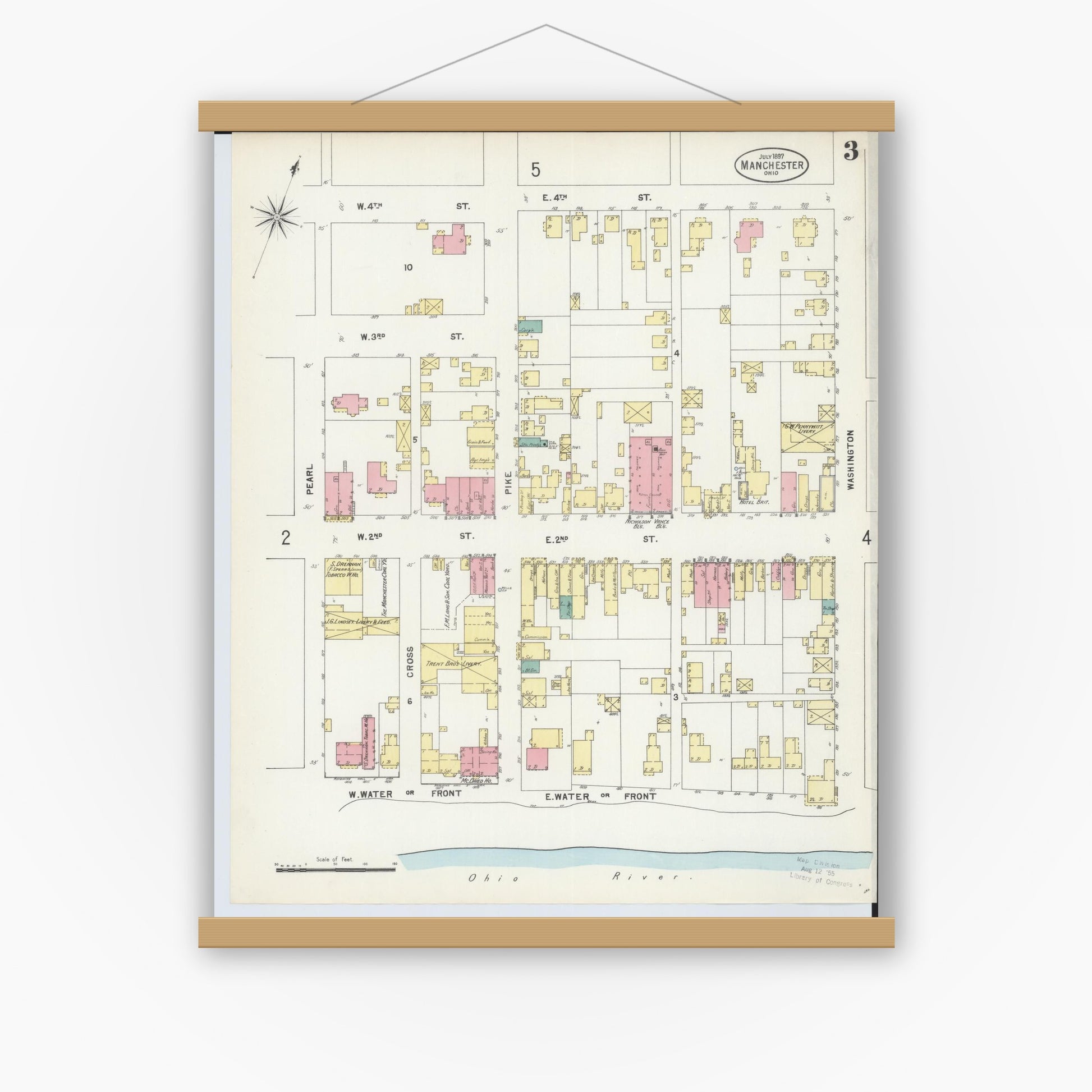 Old map wall art mockup — magnetic wood frame on white wall — Sanborn Fire Insurance Map from Manchester, Adams County, Ohio (1897), Sheet #0003