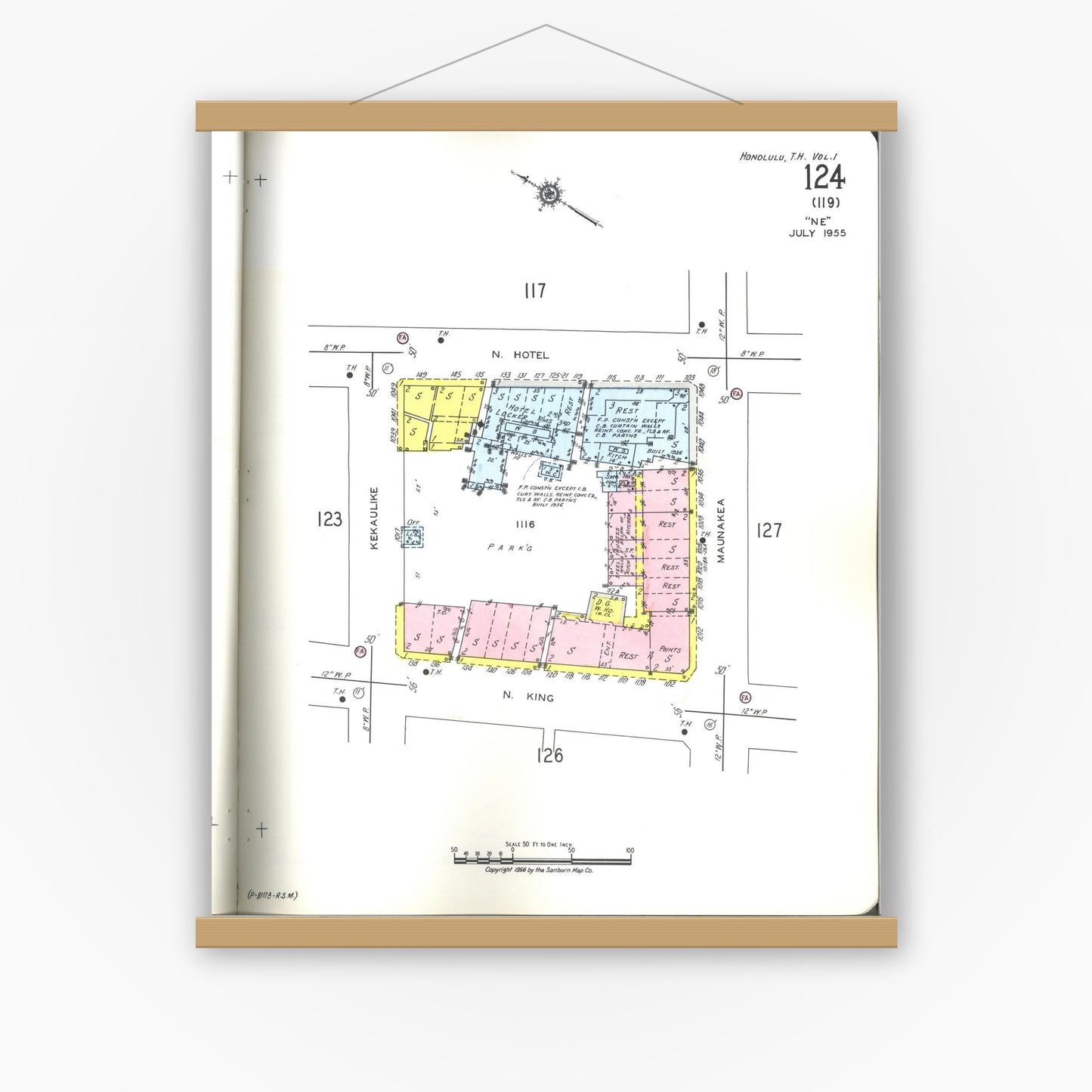 Old map wall art mockup — magnetic wood frame on white wall — Sanborn Fire Insurance Map from Honolulu, Oahu County, Hawaii (1955), Sheet #0124