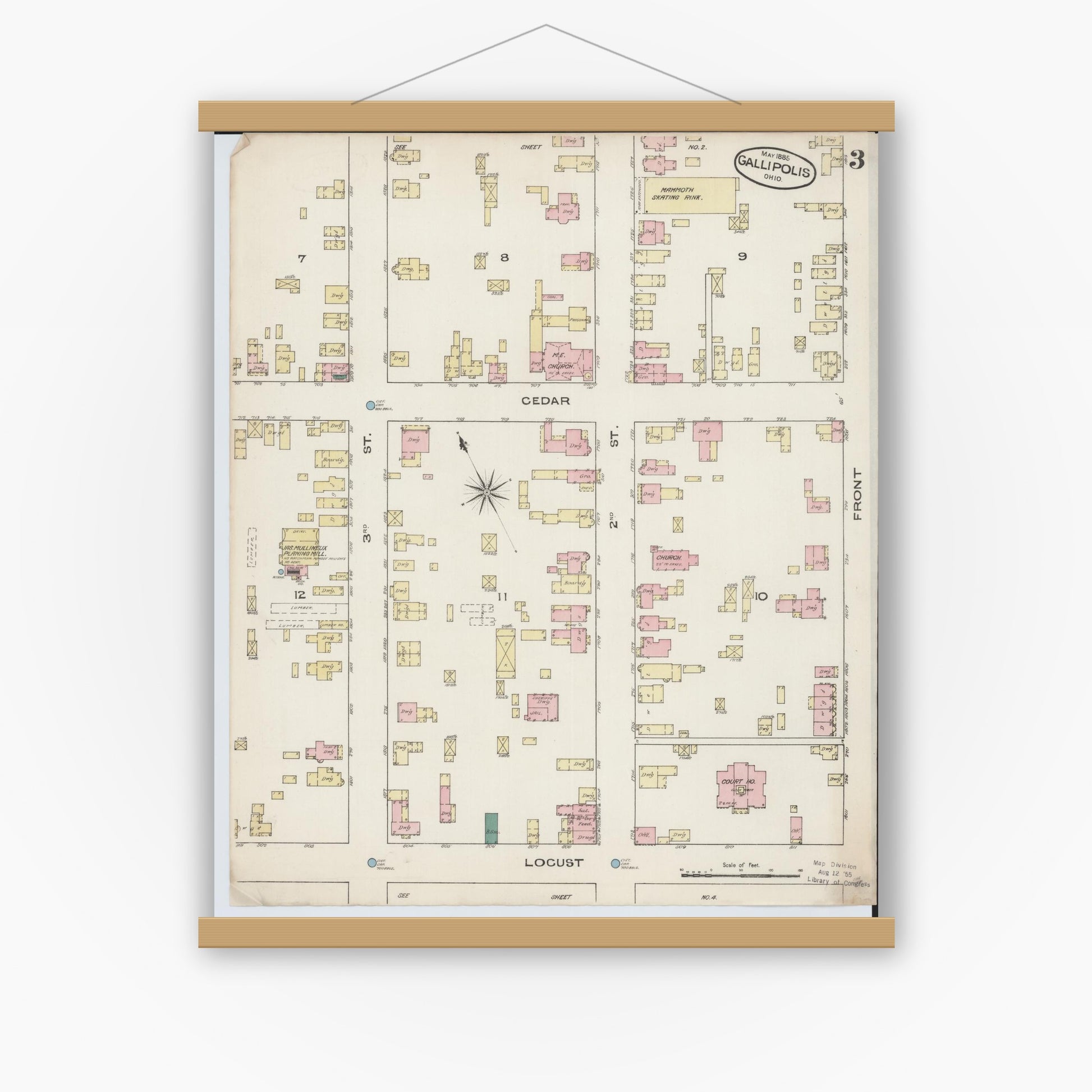 Old map wall art mockup — magnetic wood frame on white wall — Sanborn Fire Insurance Map from Gallipolis, Gallia County, Ohio (1885), Sheet #0003