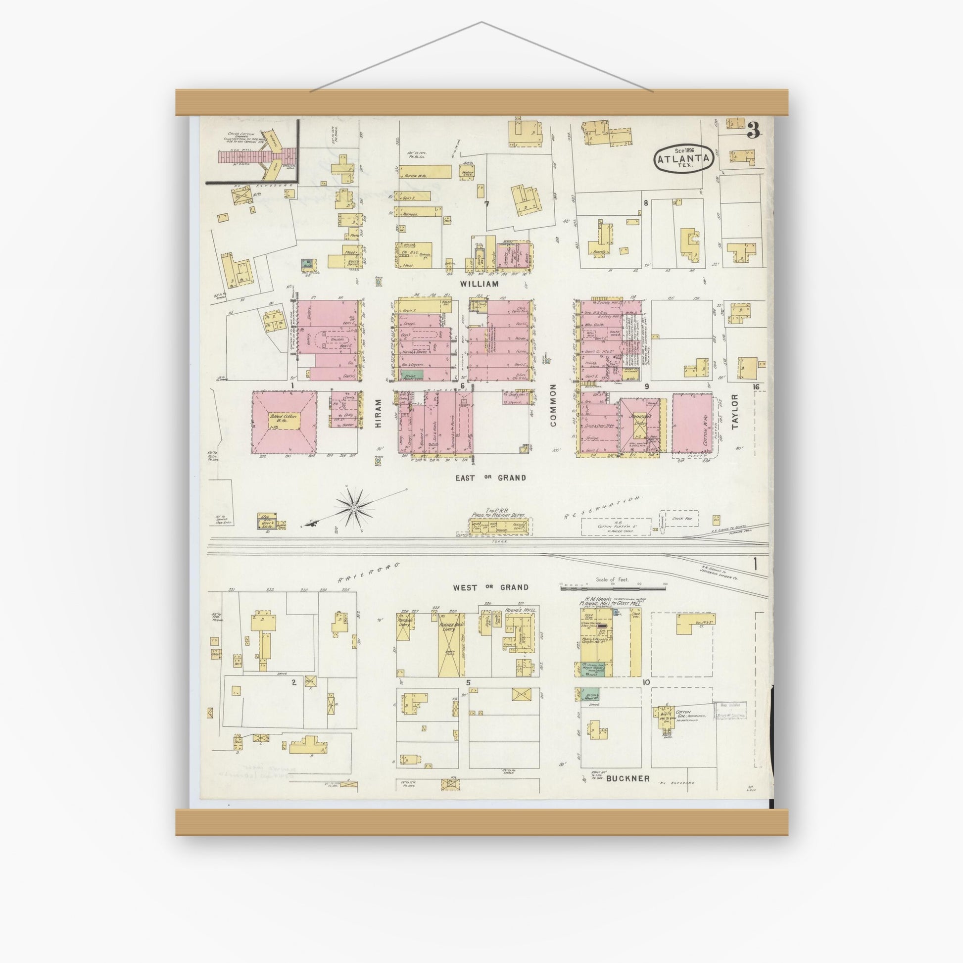 Old map wall art mockup — magnetic wood frame on white wall — Sanborn Fire Insurance Map from Atlanta, Cass County, Texas (1896), Sheet #0003