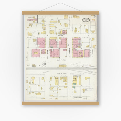 Old map wall art mockup — magnetic wood frame on white wall — Sanborn Fire Insurance Map from Atlanta, Cass County, Texas (1896), Sheet #0003
