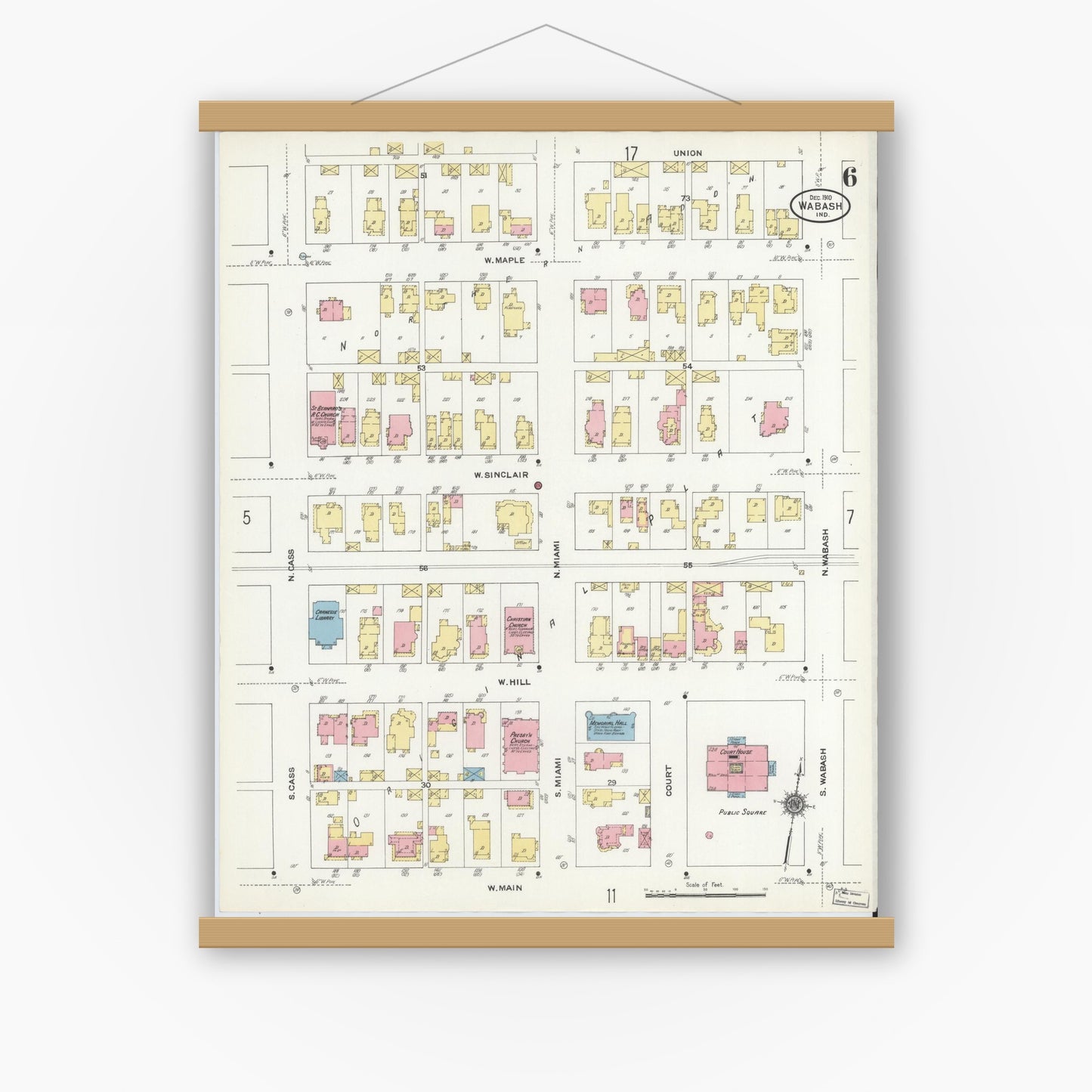 Old map wall art mockup — magnetic wood frame on white wall — Sanborn Fire Insurance Map from Wabash, Wabash County, Indiana (1910), Sheet #0006