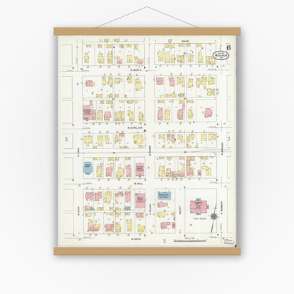 Old map wall art mockup — magnetic wood frame on white wall — Sanborn Fire Insurance Map from Wabash, Wabash County, Indiana (1910), Sheet #0006
