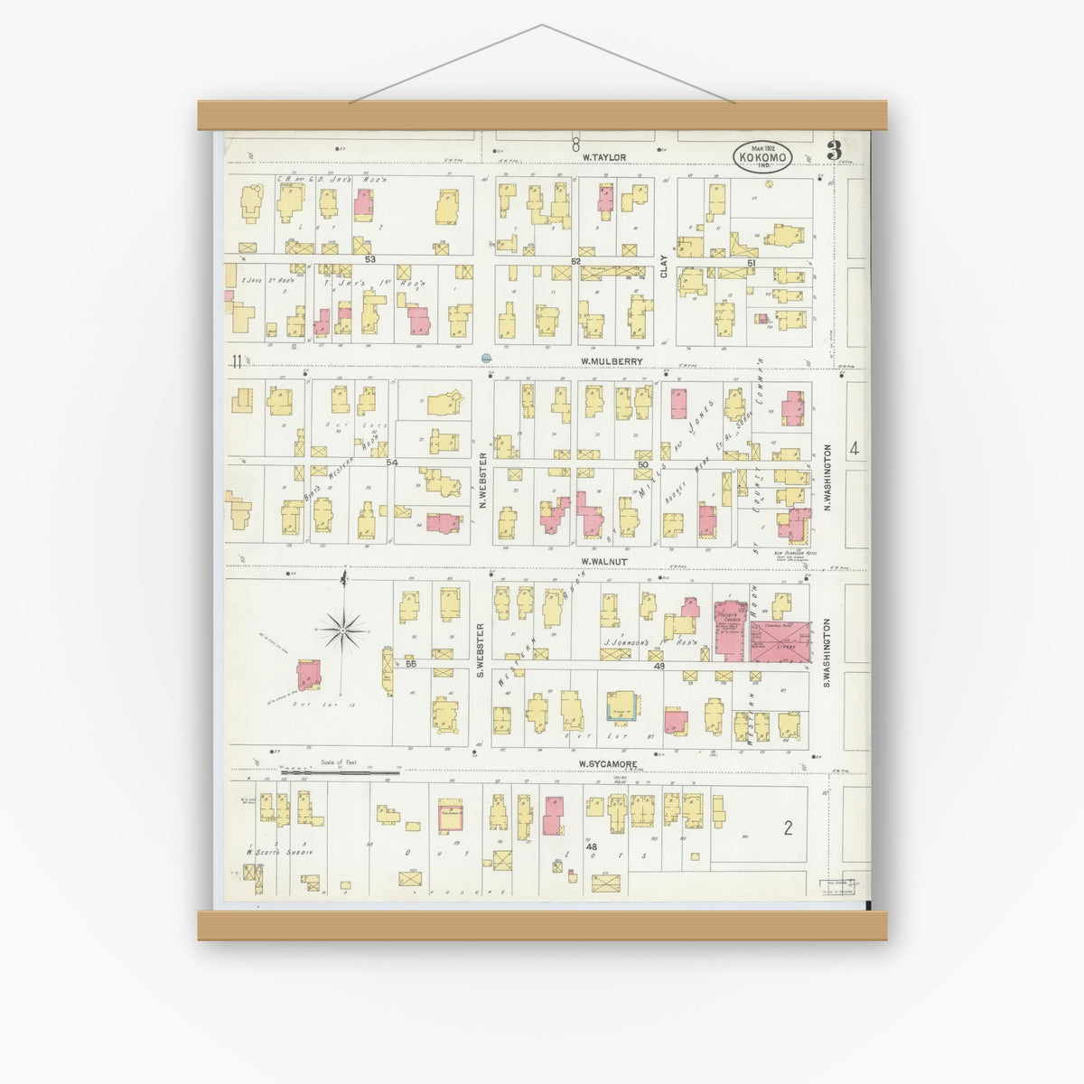 Old map wall art mockup — magnetic wood frame on white wall — Sanborn Fire Insurance Map from Kokomo, Howard County, Indiana (1902), Sheet #0003