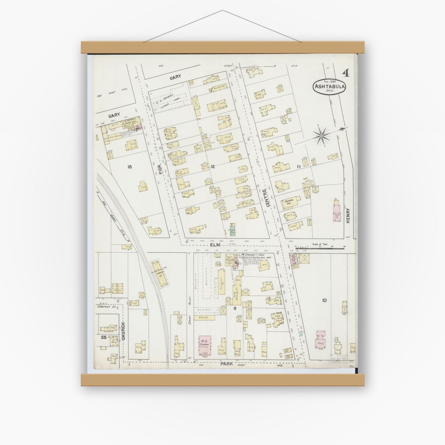 Old map wall art mockup — magnetic wood frame on white wall — Sanborn Fire Insurance Map from Ashtabula, Ashtabula County, Ohio (1889), Sheet #0004
