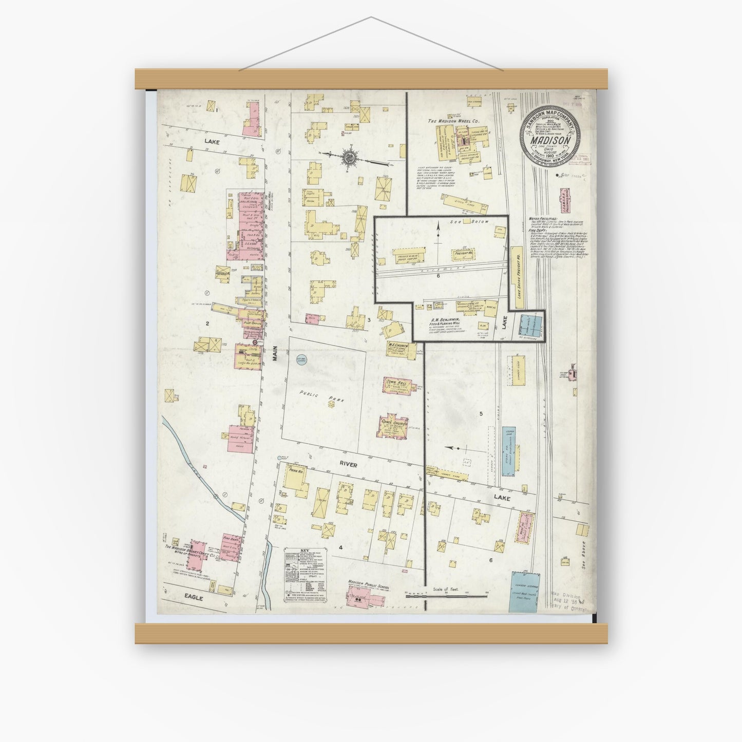 Old map wall art mockup — magnetic wood frame on white wall — Sanborn Fire Insurance Map from Madison, Lake County, Ohio (1910), Sheet #0001