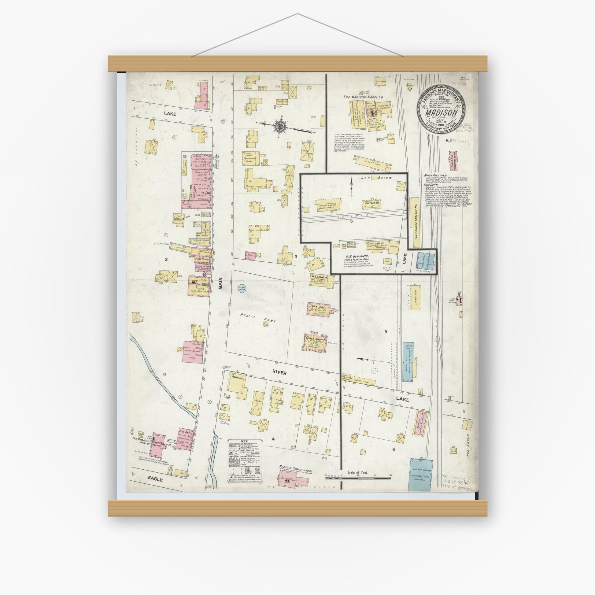 Old map wall art mockup — magnetic wood frame on white wall — Sanborn Fire Insurance Map from Madison, Lake County, Ohio (1910), Sheet #0001