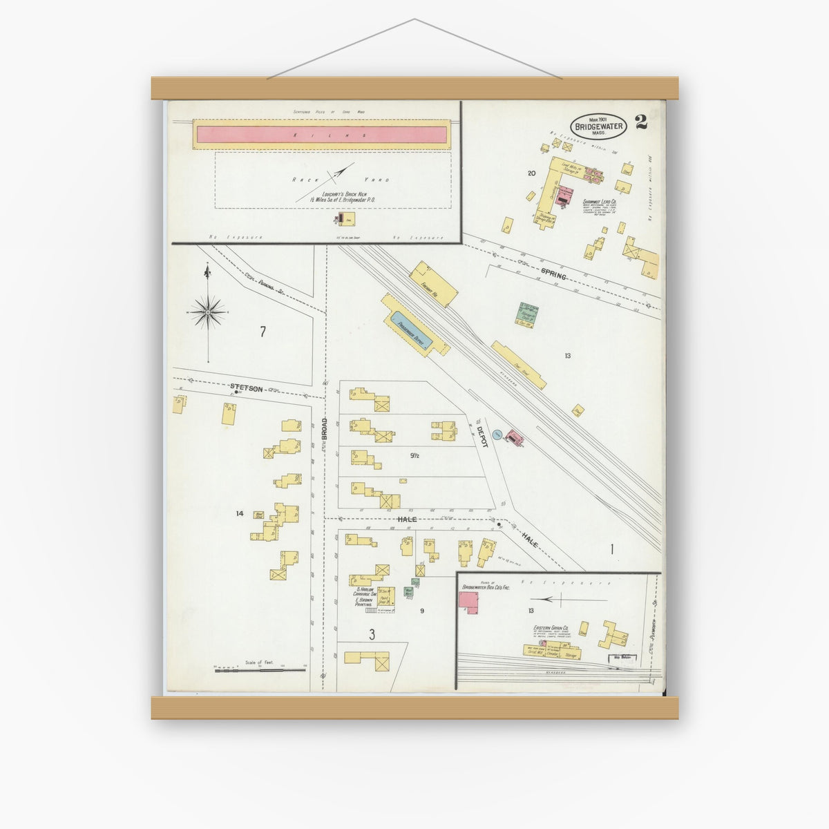 Old map wall art mockup — magnetic wood frame on white wall — Sanborn Fire Insurance Map from Bridgewater, Plymouth County, Massachusetts (1901), Sheet #0002