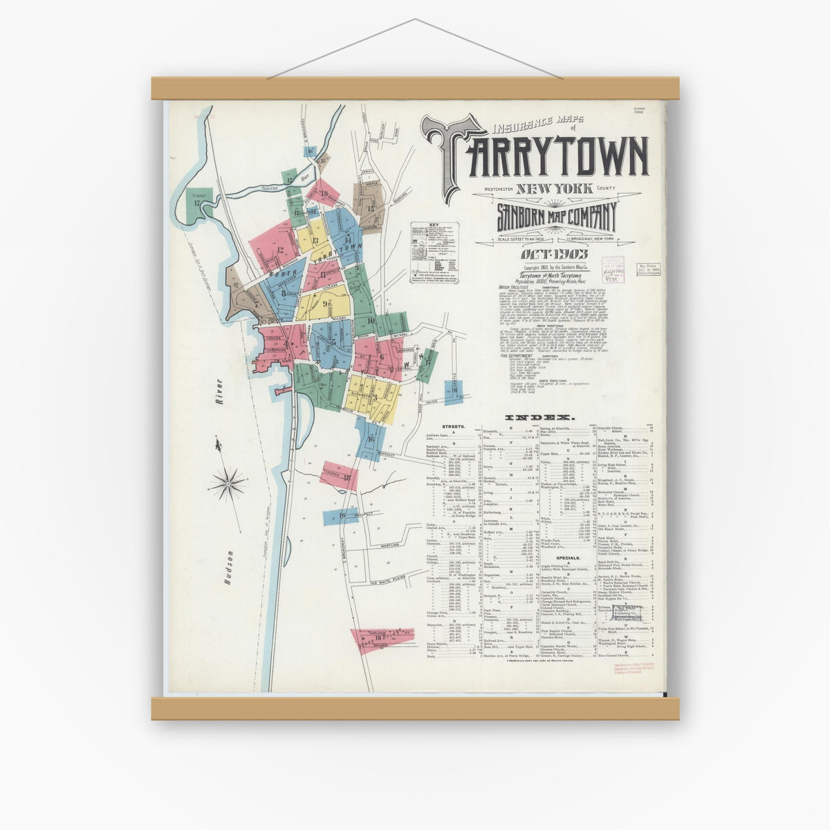 Old map wall art mockup — magnetic wood frame on white wall — Sanborn Fire Insurance Map from Tarrytown, Westchester County, New York (1903), Sheet #0001