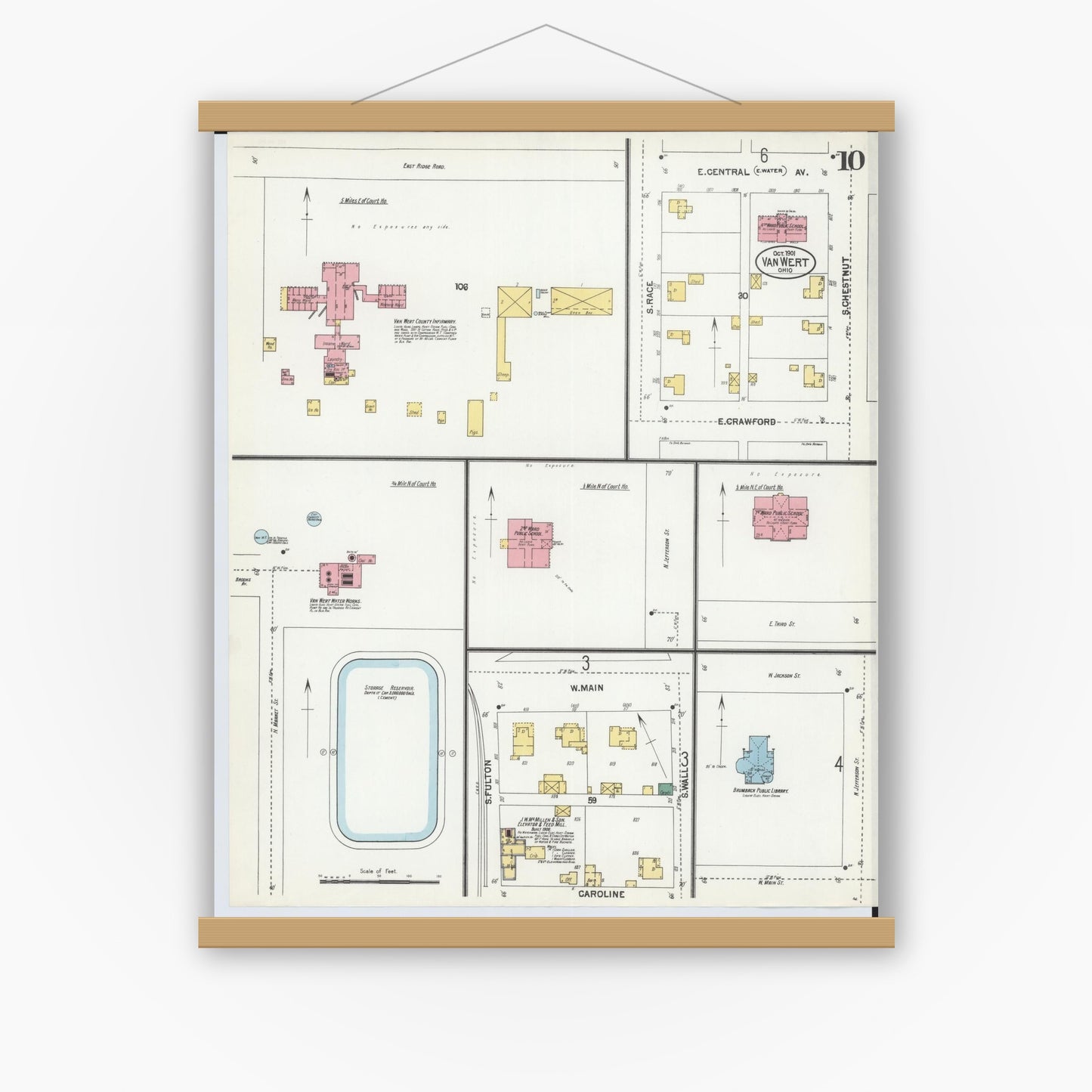 Old map wall art mockup — magnetic wood frame on white wall — Sanborn Fire Insurance Map from Van Wert, Van Wert County, Ohio (1901), Sheet #0010