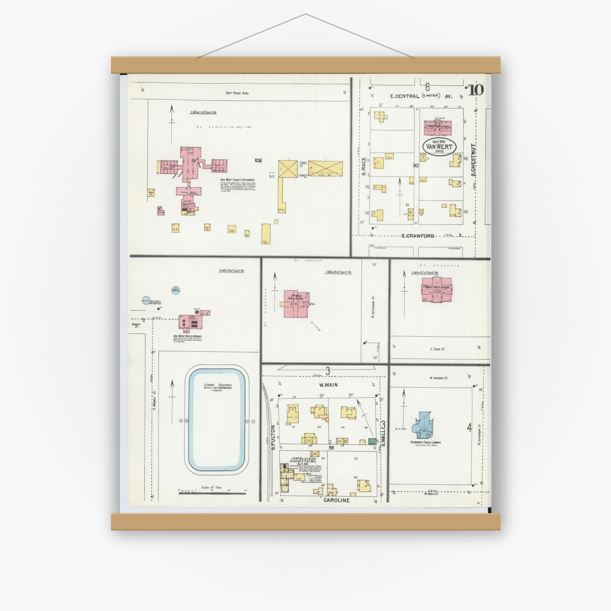 Old map wall art mockup — magnetic wood frame on white wall — Sanborn Fire Insurance Map from Van Wert, Van Wert County, Ohio (1901), Sheet #0010
