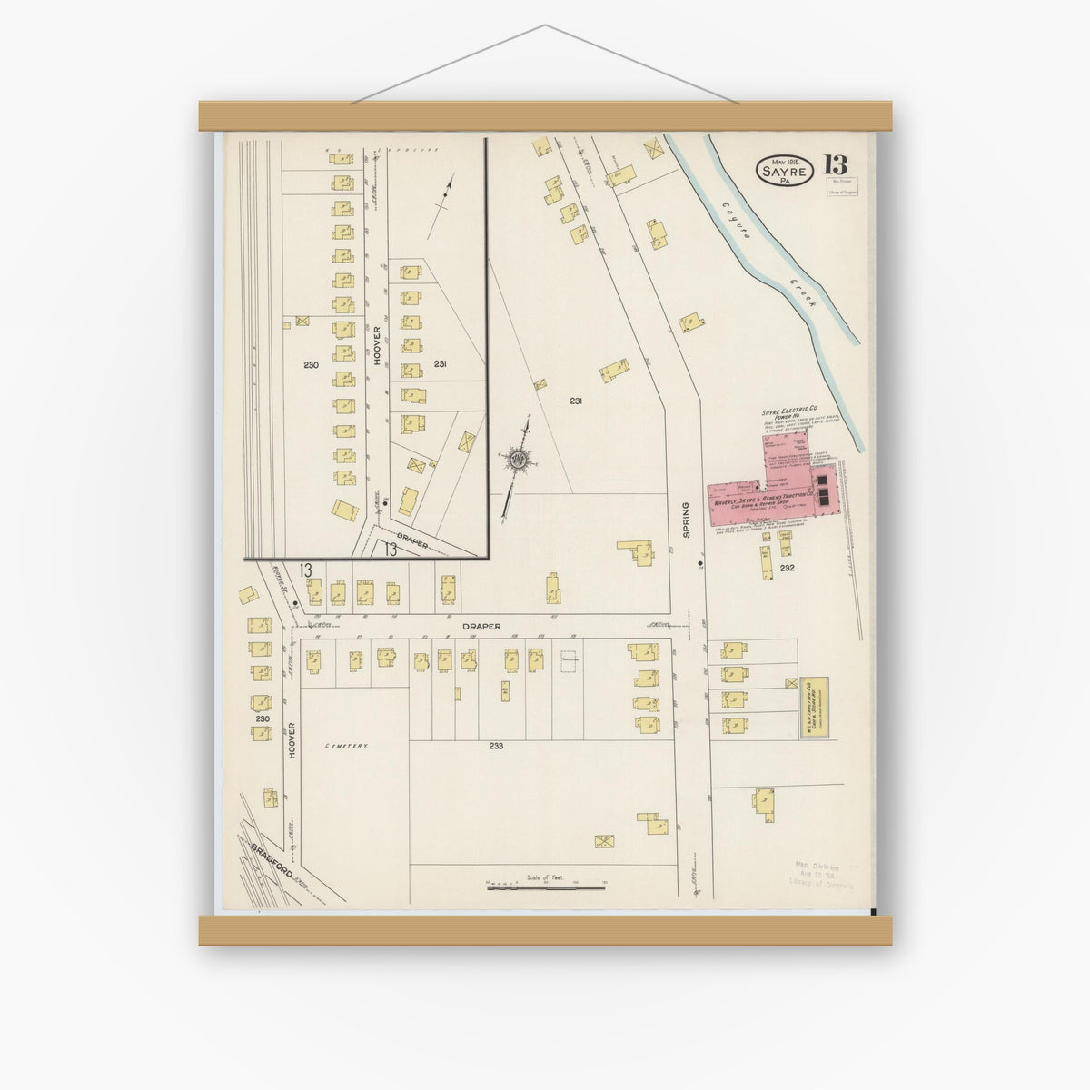 Old map wall art mockup — magnetic wood frame on white wall — Sanborn Fire Insurance Map from Sayre, Bradford County, Pennsylvania (1915), Sheet #0013