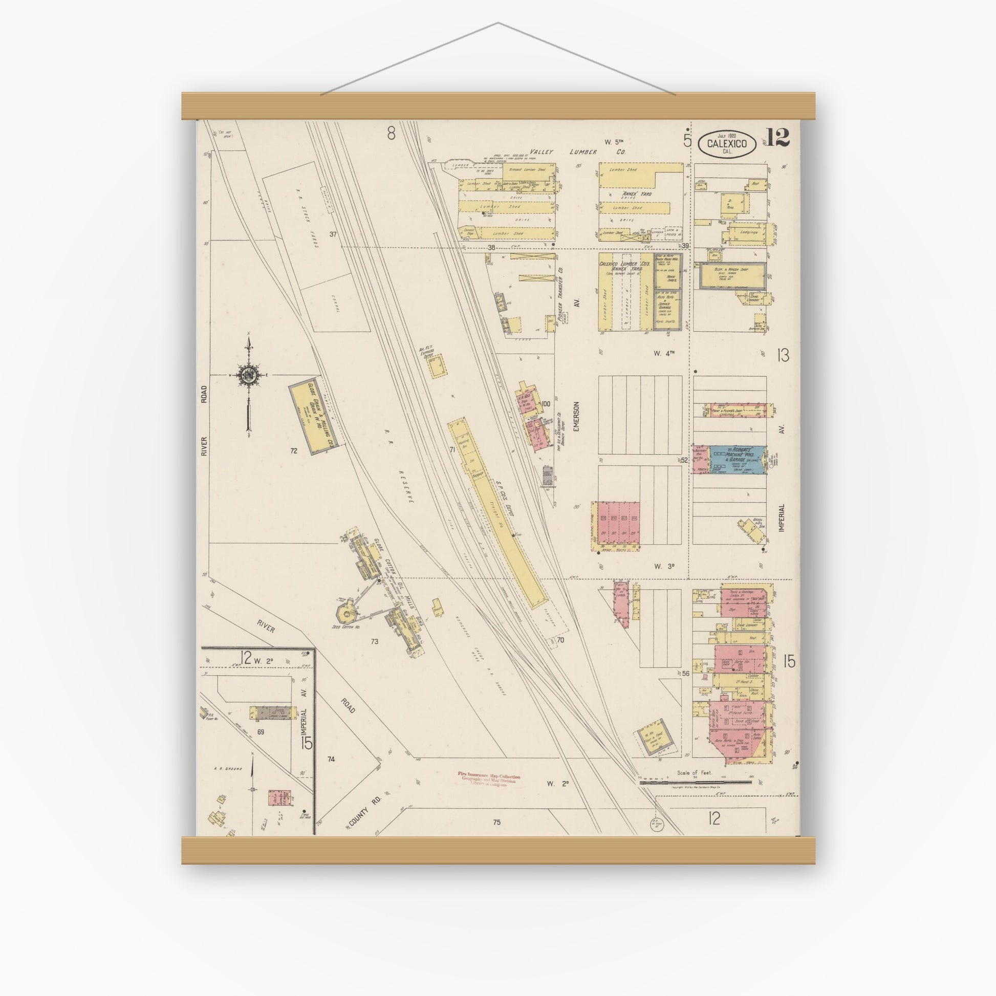 Old map wall art mockup — magnetic wood frame on white wall — Sanborn Fire Insurance Map from Calexico, Imperial County, California (1920), Sheet #0012