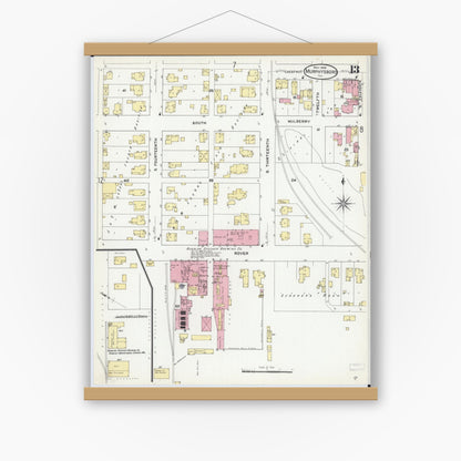Old map wall art mockup — magnetic wood frame on white wall — Sanborn Fire Insurance Map from Murphysboro, Jackson County, Illinois (1909), Sheet #0013