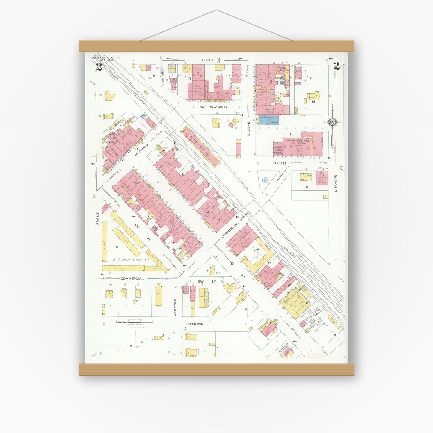 Old map wall art mockup — magnetic wood frame on white wall — Sanborn Fire Insurance Map from Pleasant Hill, Cass County, Missouri (1932), Sheet #0002