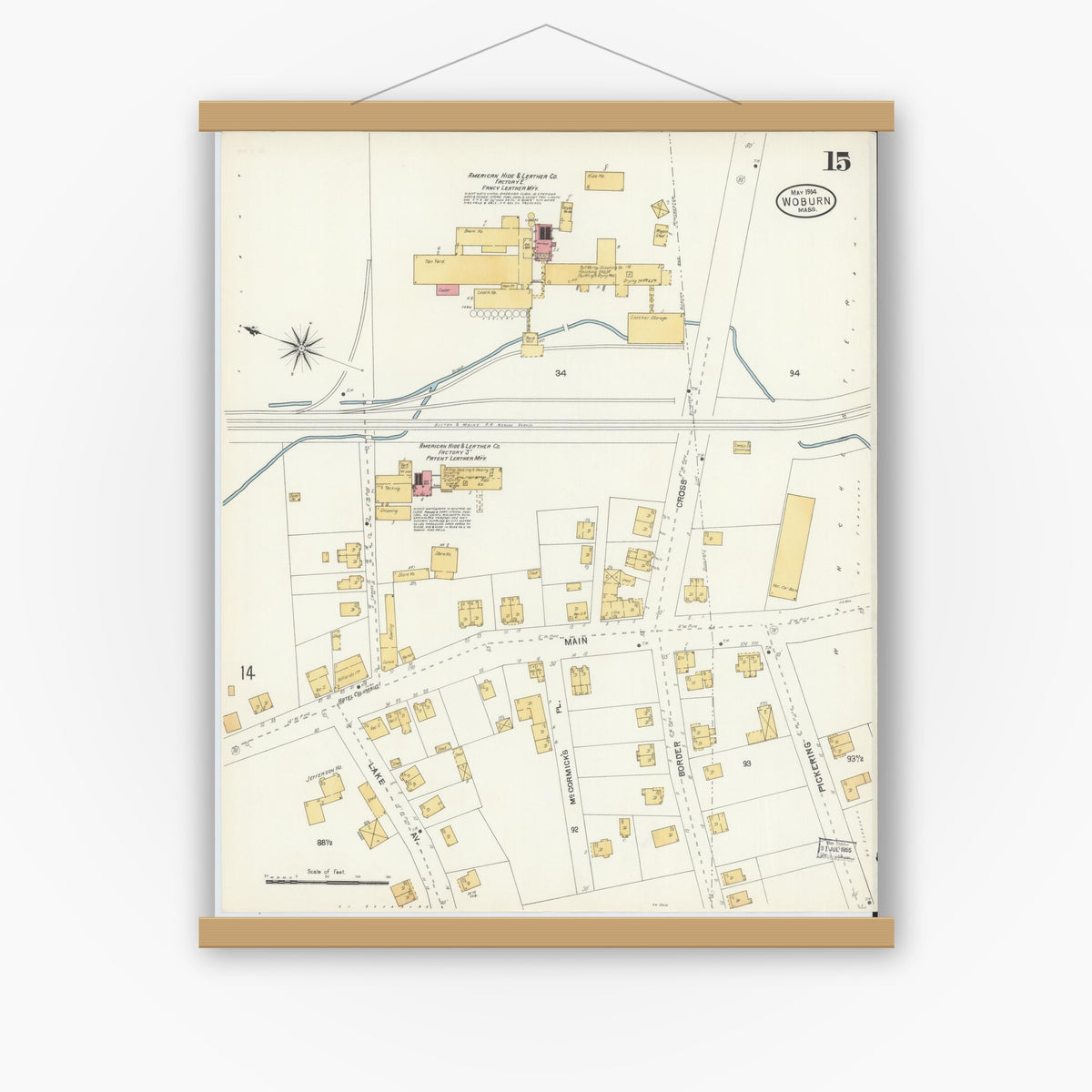 Old map wall art mockup — magnetic wood frame on white wall — Sanborn Fire Insurance Map from Woburn, Middlesex County, Massachusetts (1904), Sheet #0015