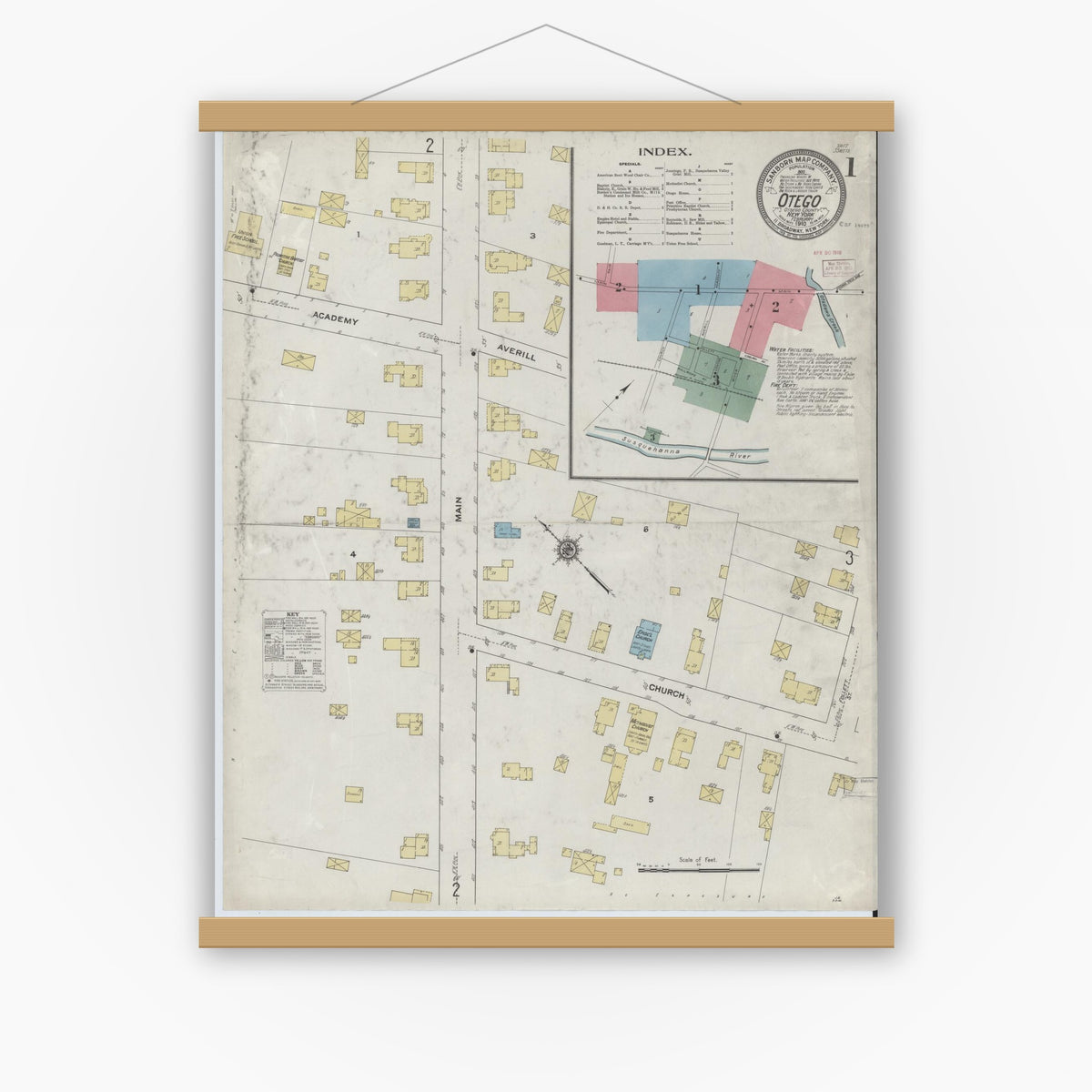 Old map wall art mockup — magnetic wood frame on white wall — Sanborn Fire Insurance Map from Otego, Otsego County, New York (1910) - Complete Map Set