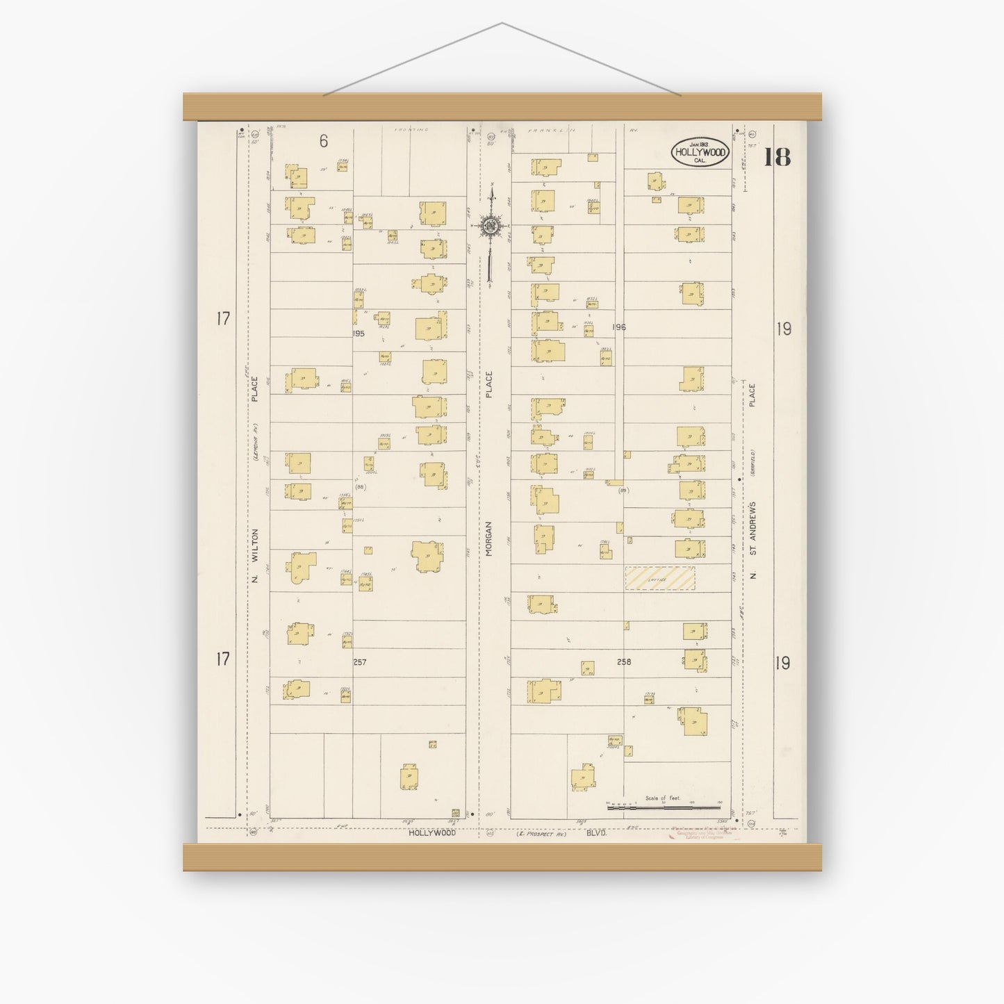 Old map wall art mockup — magnetic wood frame on white wall — Sanborn Fire Insurance Map from Hollywood, Los Angeles County, California (1913), Sheet #0018