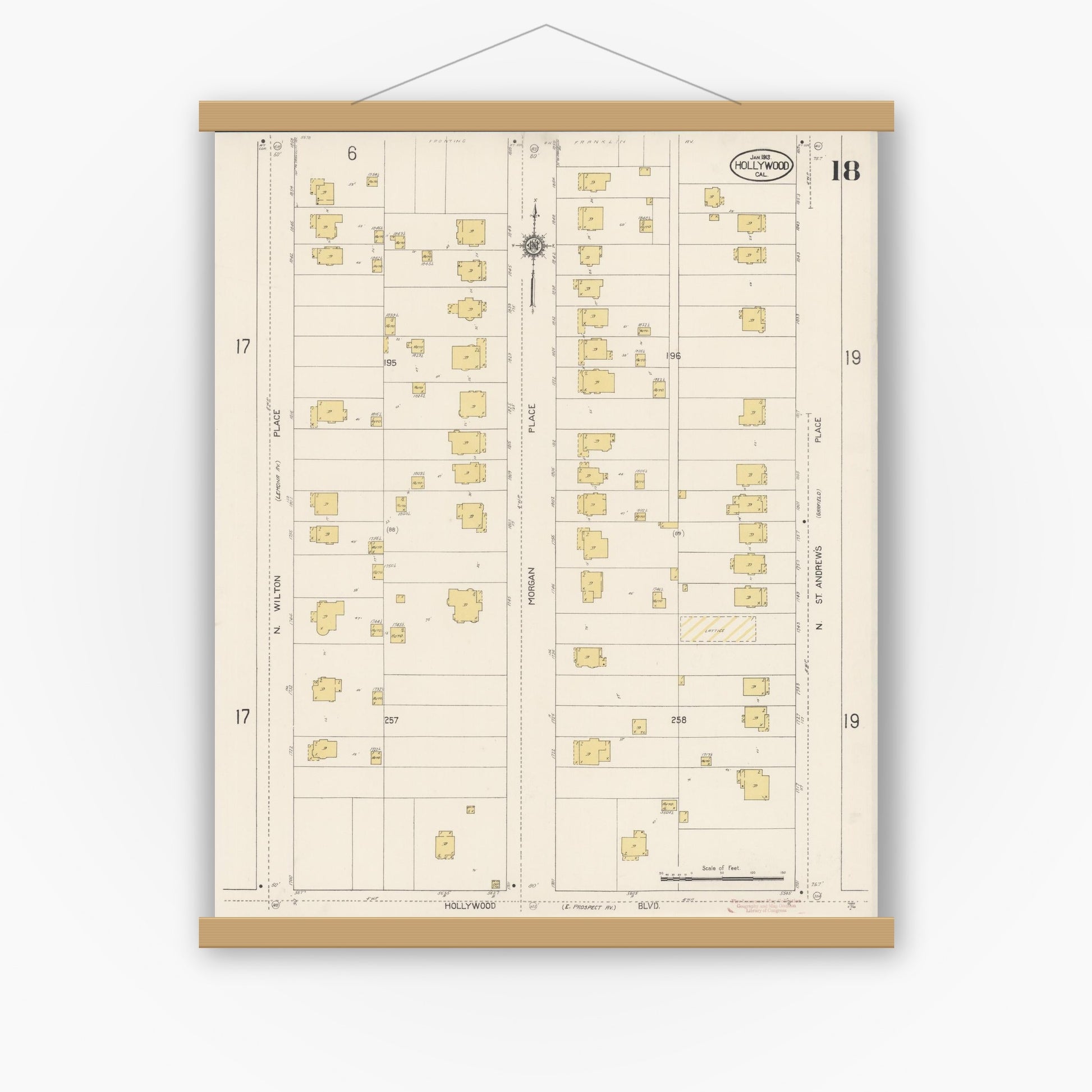 Old map wall art mockup — magnetic wood frame on white wall — Sanborn Fire Insurance Map from Hollywood, Los Angeles County, California (1913), Sheet #0018