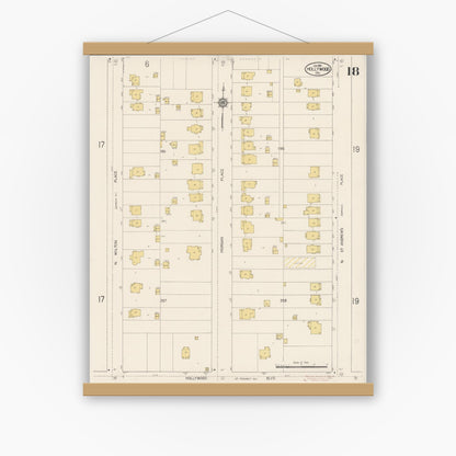 Old map wall art mockup — magnetic wood frame on white wall — Sanborn Fire Insurance Map from Hollywood, Los Angeles County, California (1913), Sheet #0018