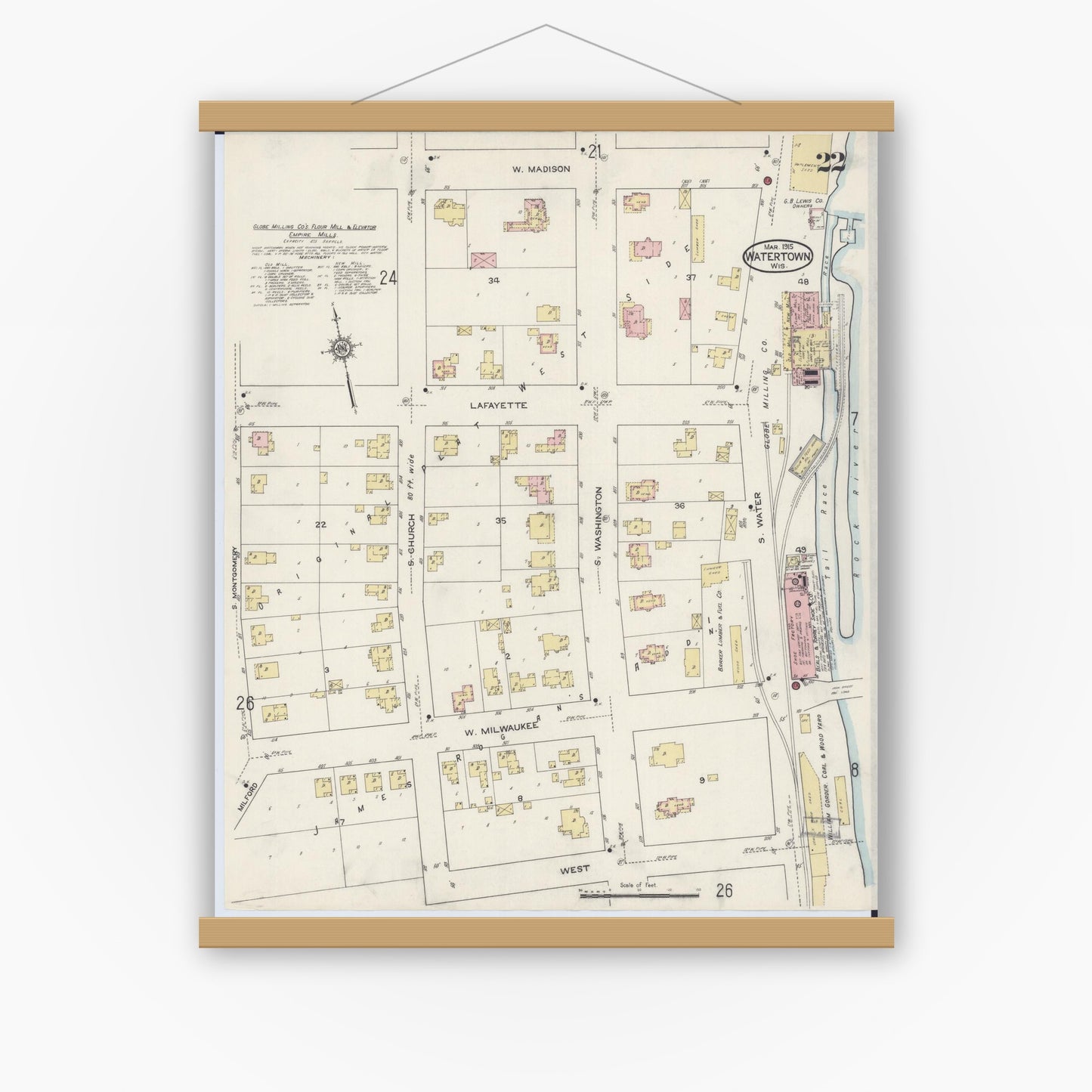 Old map wall art mockup — magnetic wood frame on white wall — Sanborn Fire Insurance Map from Watertown, Jefferson County, Wisconsin (1915), Sheet #0023