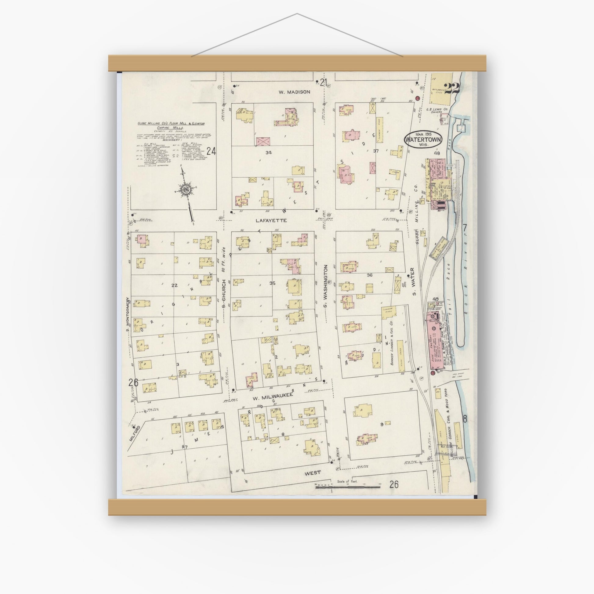 Old map wall art mockup — magnetic wood frame on white wall — Sanborn Fire Insurance Map from Watertown, Jefferson County, Wisconsin (1915), Sheet #0023