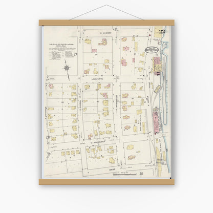 Old map wall art mockup — magnetic wood frame on white wall — Sanborn Fire Insurance Map from Watertown, Jefferson County, Wisconsin (1915), Sheet #0023