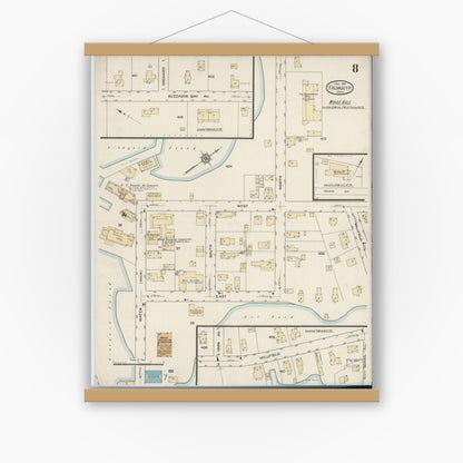 Old map wall art mockup — magnetic wood frame on white wall — Sanborn Fire Insurance Map from Falmouth, Barnstable County, Massachusetts (1914), Sheet #0008