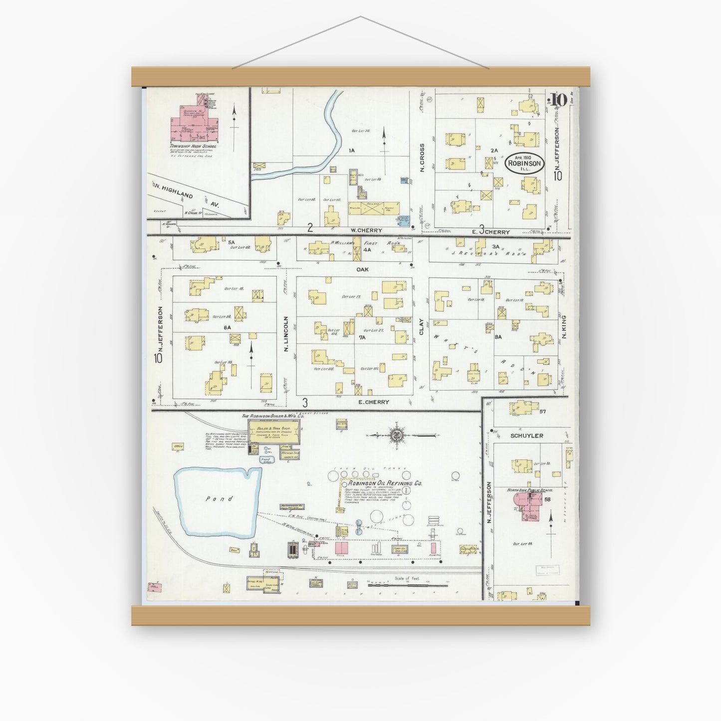 Old map wall art mockup — magnetic wood frame on white wall — Sanborn Fire Insurance Map from Robinson, Crawford County, Illinois (1910), Sheet #0010