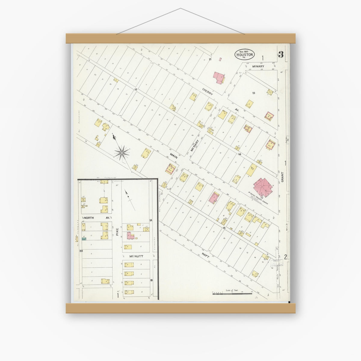 Old map wall art mockup — magnetic wood frame on white wall — Sanborn Fire Insurance Map from Houston, Washington County, Pennsylvania (1907), Sheet #0003