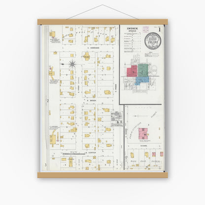 Old map wall art mockup — magnetic wood frame on white wall — Sanborn Fire Insurance Map from Colfax, McLean County, Illinois (1906), Sheet #0001
