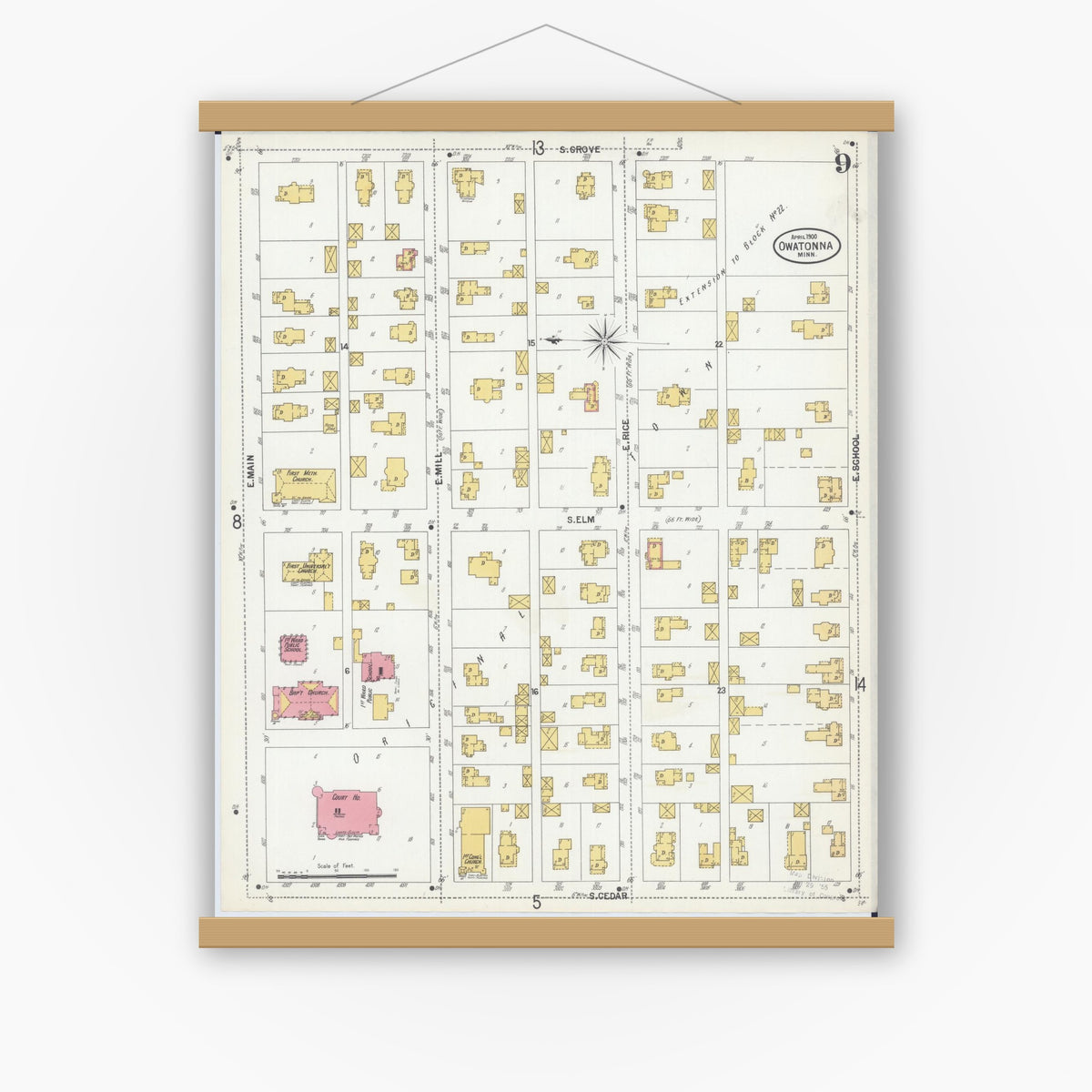 Old map wall art mockup — magnetic wood frame on white wall — Sanborn Fire Insurance Map from Owatonna, Steele County, Minnesota (1900), Sheet #0009