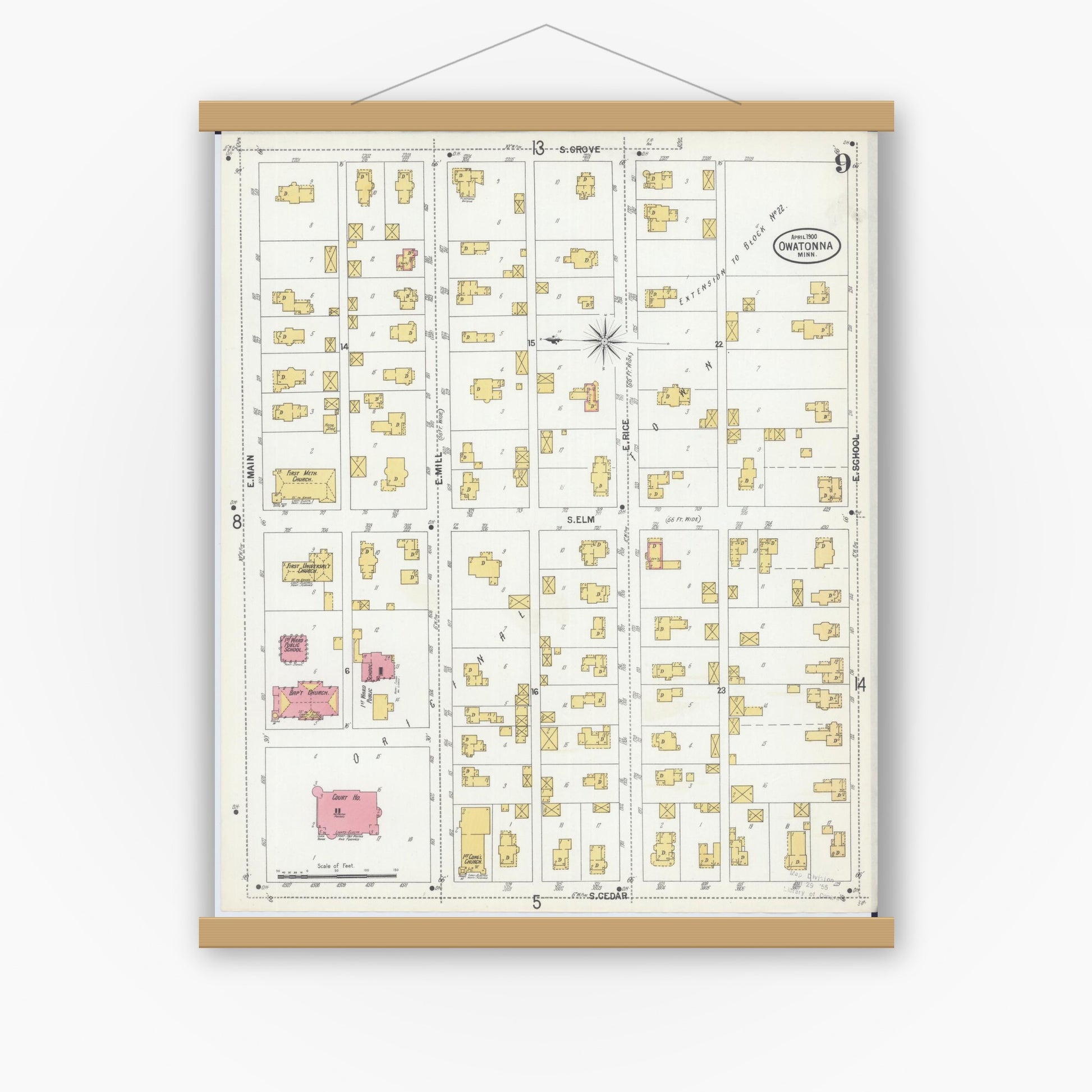 Old map wall art mockup — magnetic wood frame on white wall — Sanborn Fire Insurance Map from Owatonna, Steele County, Minnesota (1900), Sheet #0009